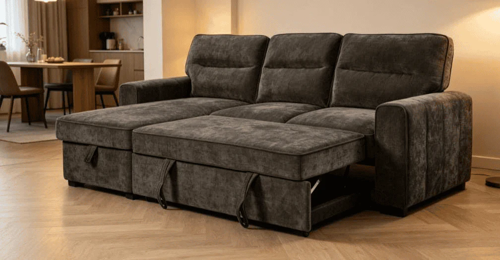 (Back in stock 15th August) 'Lionel' Charcoal Grey Fabric Left Hand Facing Corner Sofa Bed With Storage - Image 10