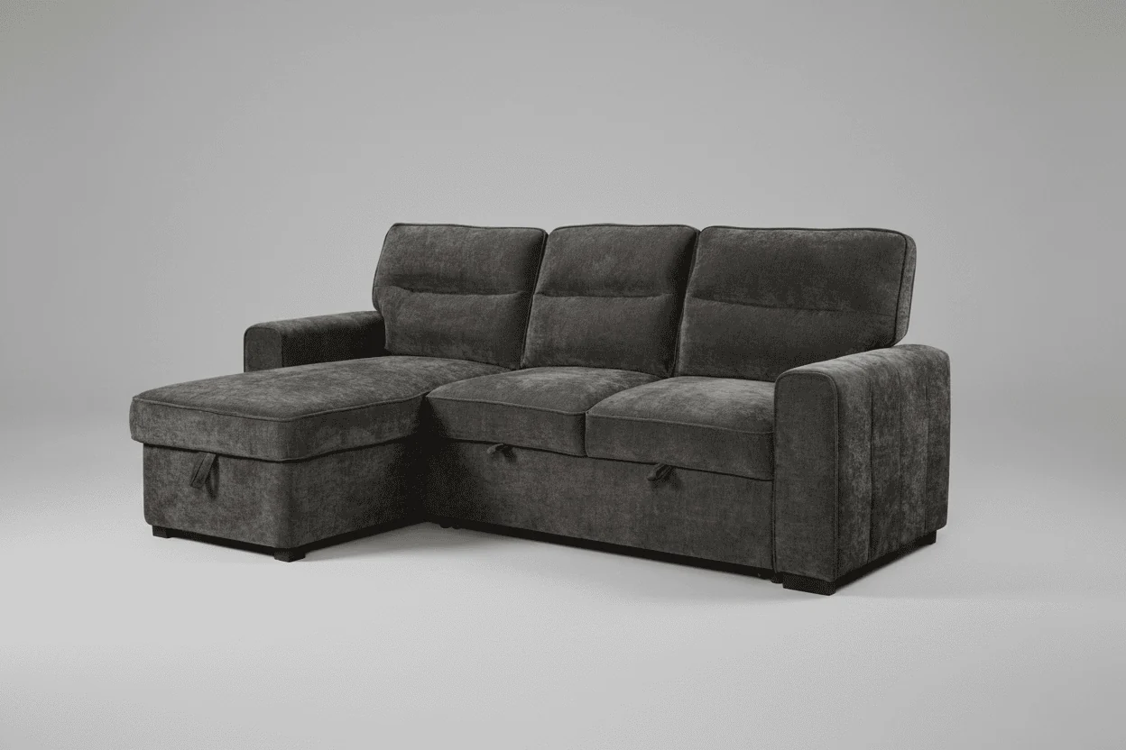 (Back in stock 15th August) 'Lionel' Charcoal Grey Fabric Left Hand Facing Corner Sofa Bed With Storage - Image 2