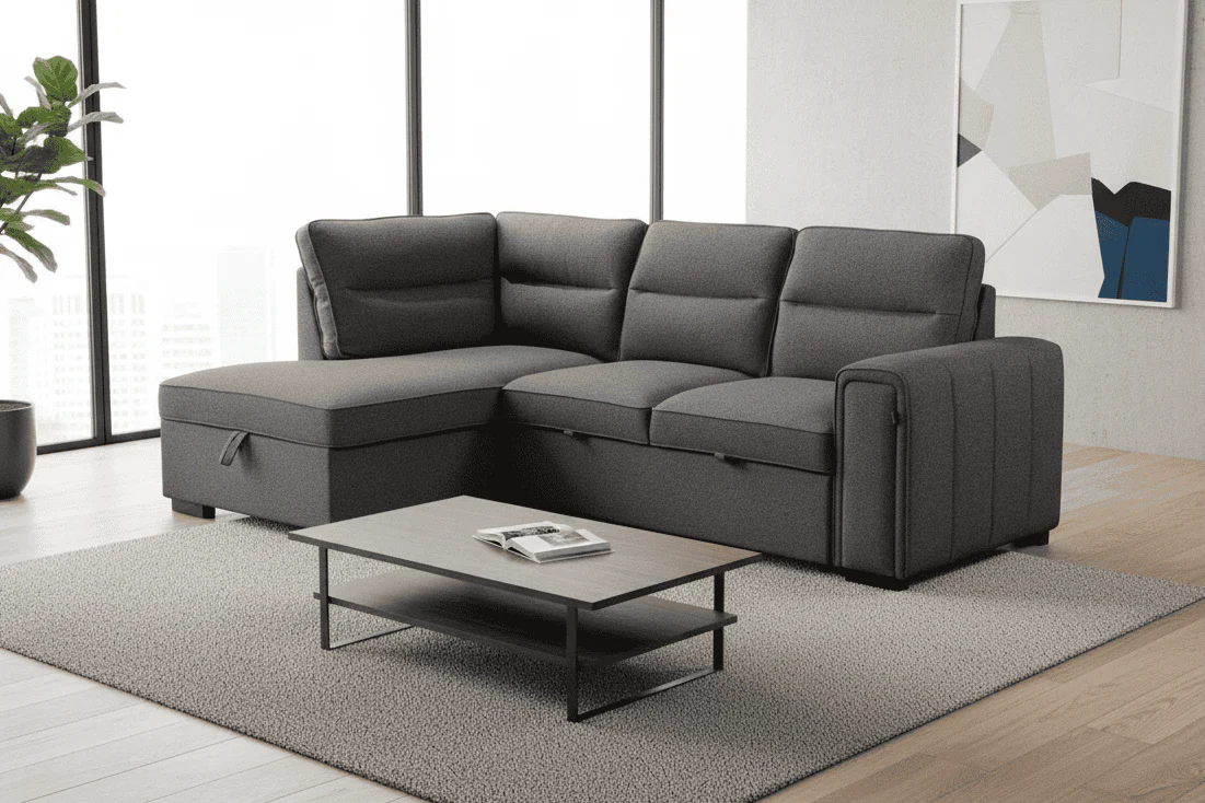 (Back in stock 15th August) 'Musk' Dark Grey Fabric Left Hand Facing Corner Sofa Bed With Storage & Drinks Holder - Image 11