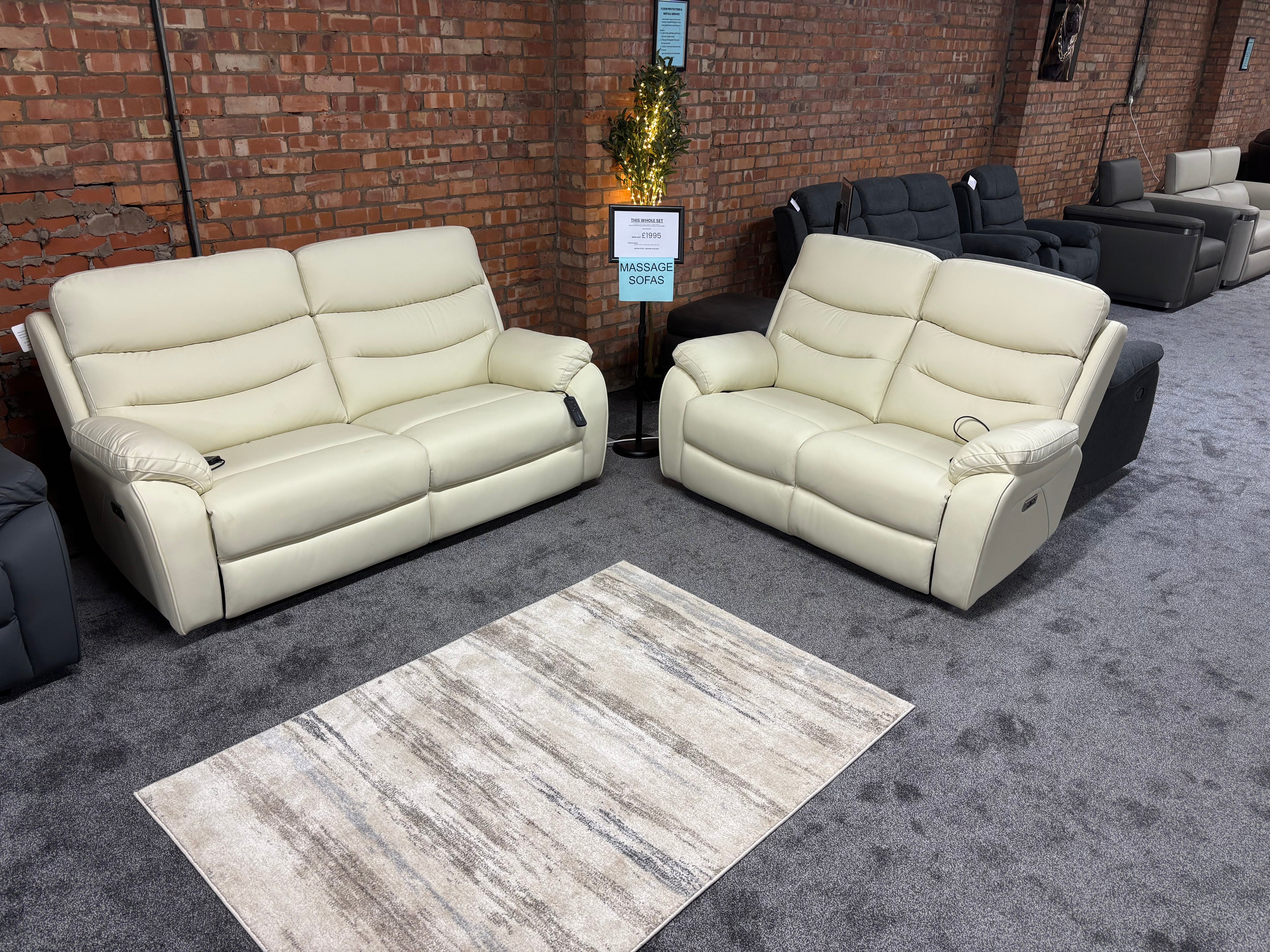 "Bertie" Cream Leather Electric Reclining Massage Sofa Range With Power Headrests & USB Charging Ports For Ultimate Comfort - Image 3