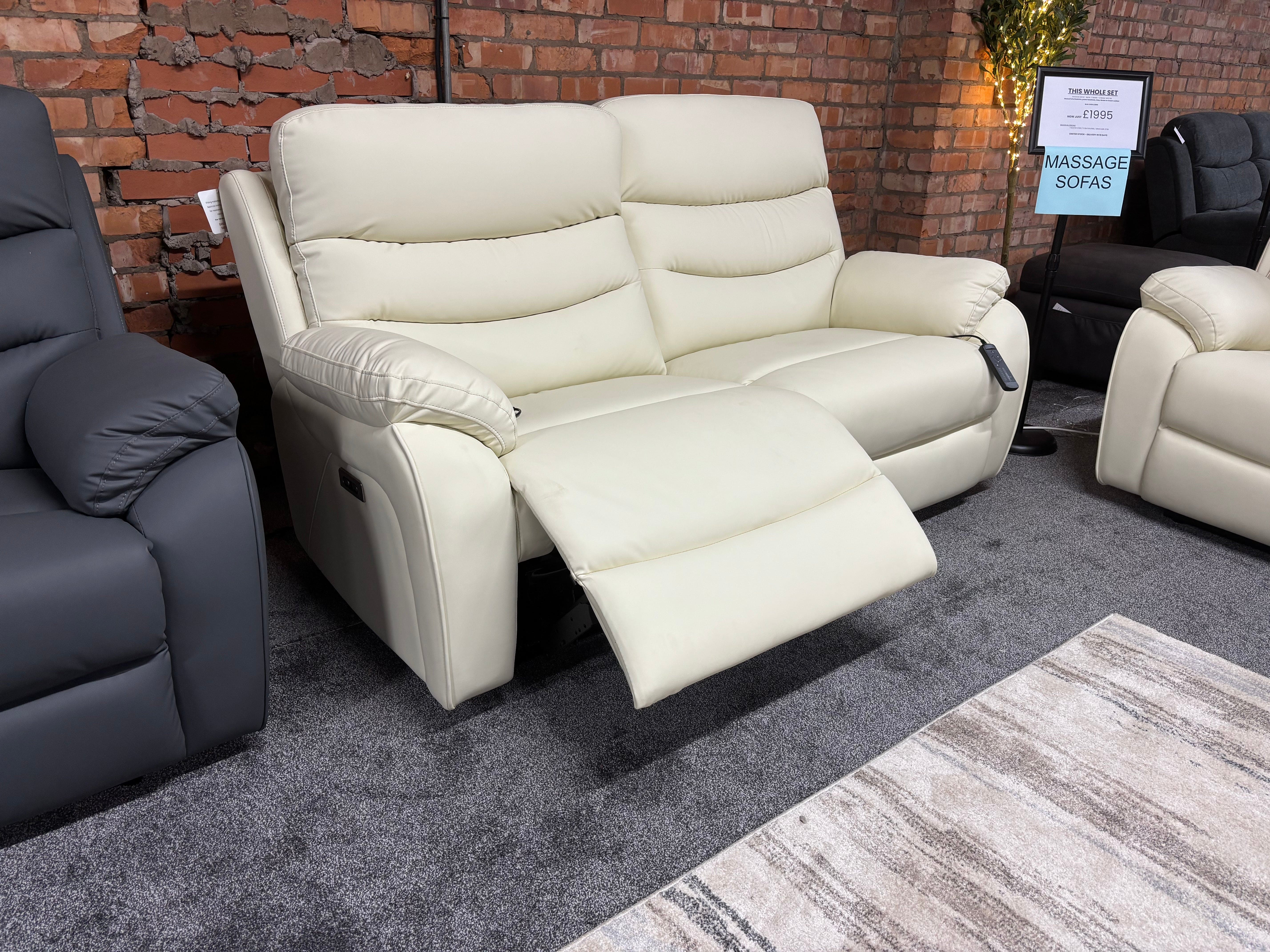 "Bertie" Cream Leather Electric Reclining Massage Sofa Range With Power Headrests & USB Charging Ports For Ultimate Comfort - Image 7