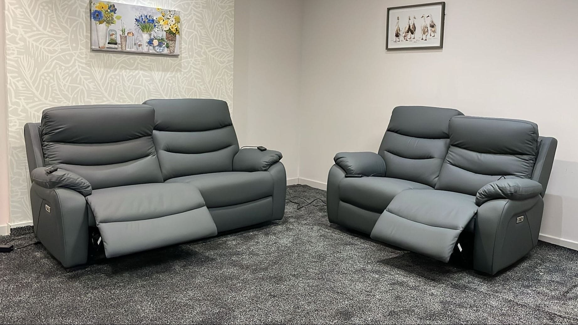 "Bertie" Grey Leather Electric Reclining Massage Sofa Range With Power Headrests & USB Charging Ports For Ultimate Comfort