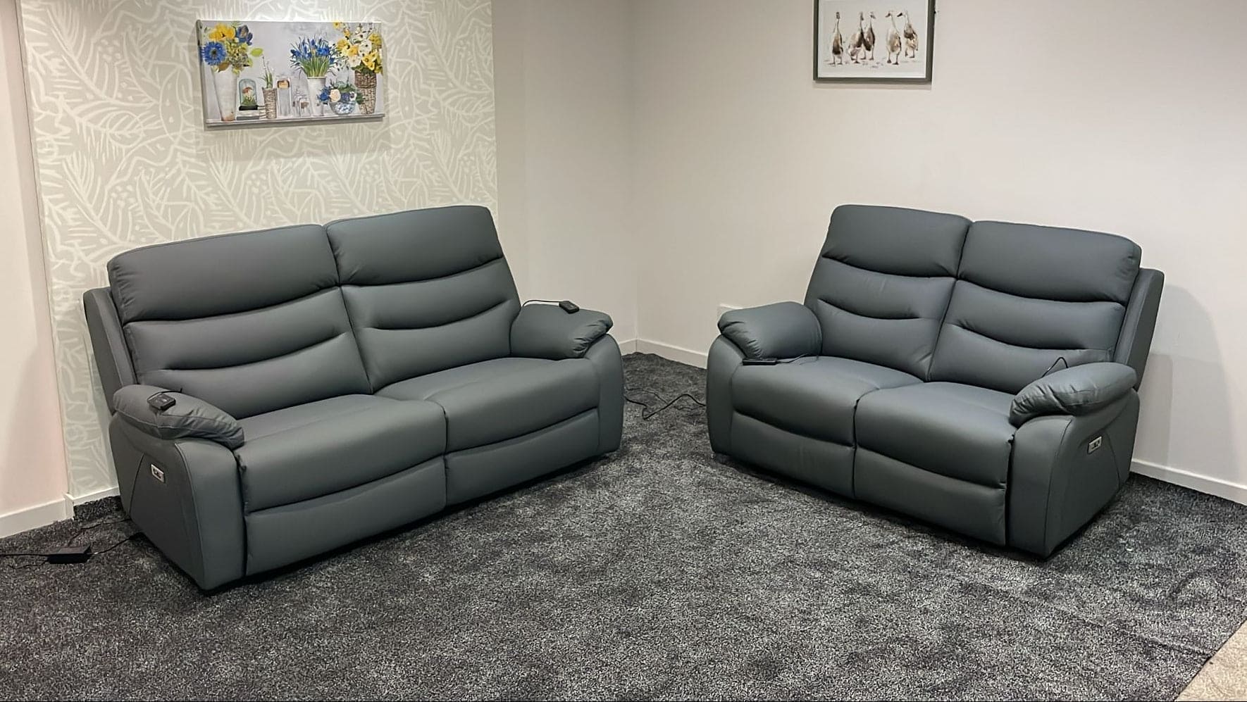 "Bertie" Grey Leather Electric Reclining Massage Sofa Range With Power Headrests & USB Charging Ports For Ultimate Comfort - Image 2