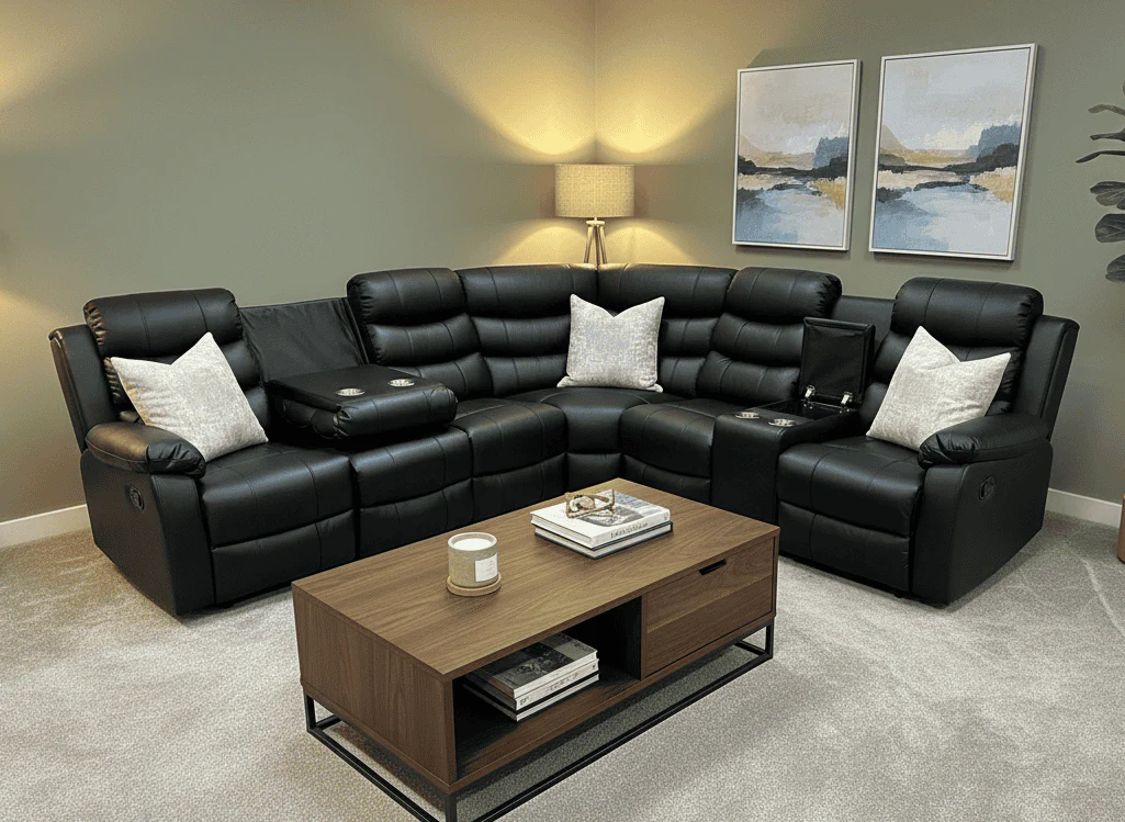 Black Leather 'Lando' 3c2c Reclining Corner Sofa | Reversible & Modular | Drinks Console | High Backrest | Built To Fit Any Home | Couch