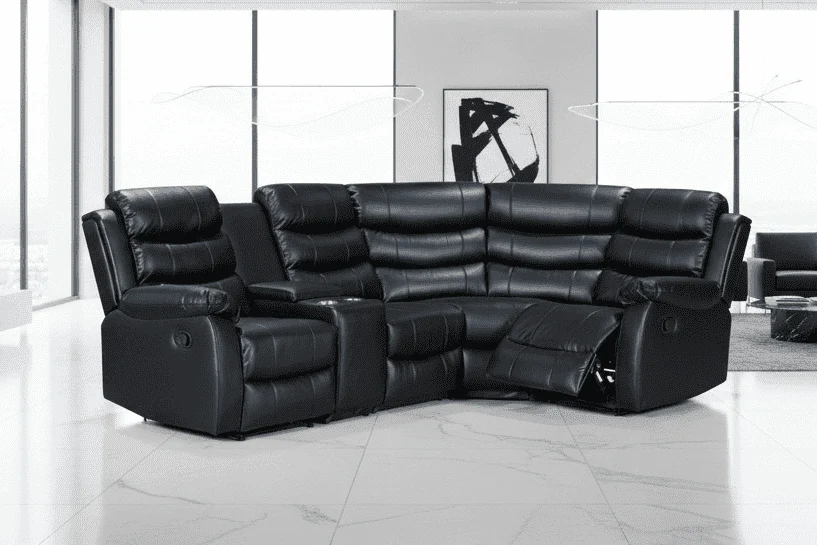 Black Leather 'Lando' 2c1c Reclining Corner Sofa | Reversible & Modular | Drinks Console | High Backrest | Built To Fit Any Home | Couch |
