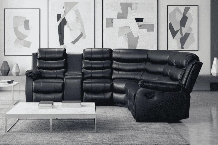 Black Leather 'Lando' 2c1c Reclining Corner Sofa | Reversible & Modular | Drinks Console | High Backrest | Built To Fit Any Home | Couch | - Image 2
