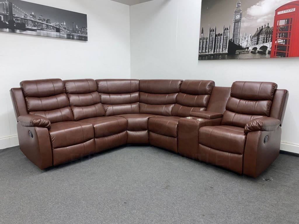 (Special Offer) Brown Leather 'Lando' Reclining Corner Sofa | Reversible & Modular | Drinks Consol | High Backrest | Built To Fit Any Home - Image 4
