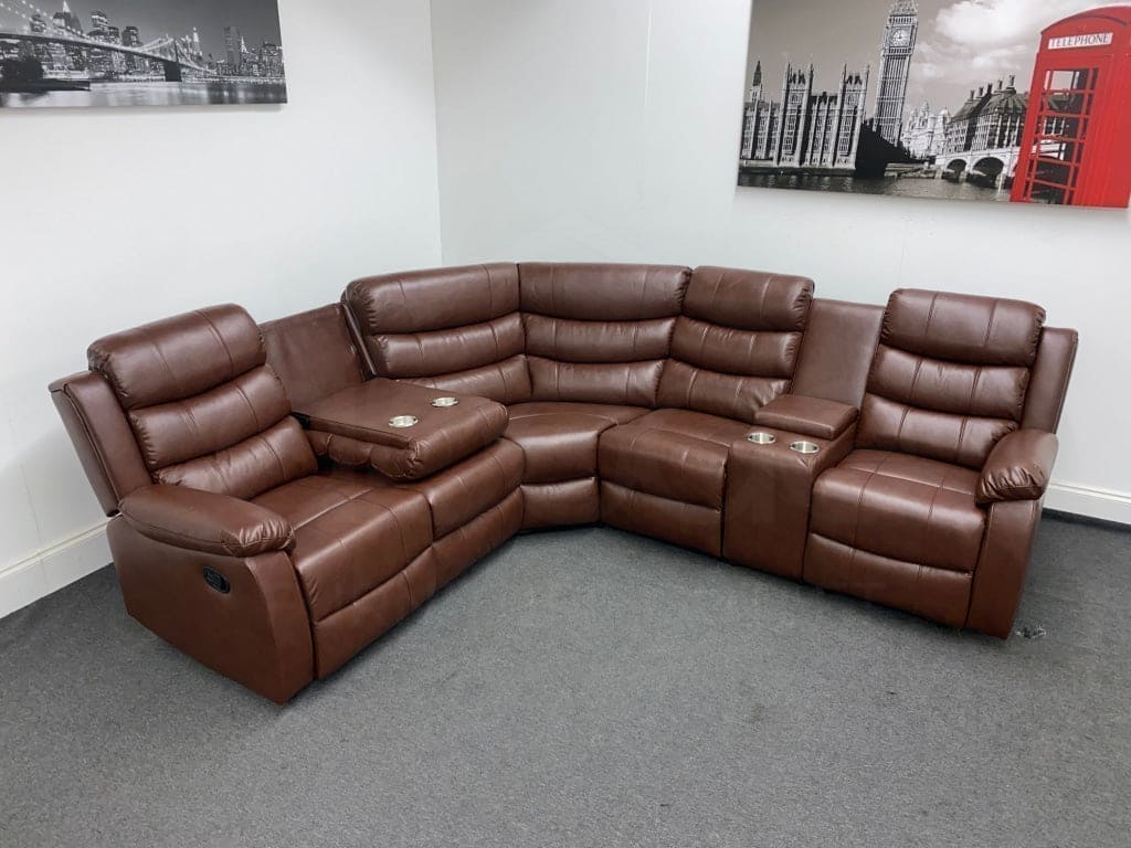 (Special Offer) Brown Leather 'Lando' Reclining Corner Sofa | Reversible & Modular | Drinks Consol | High Backrest | Built To Fit Any Home - Image 5