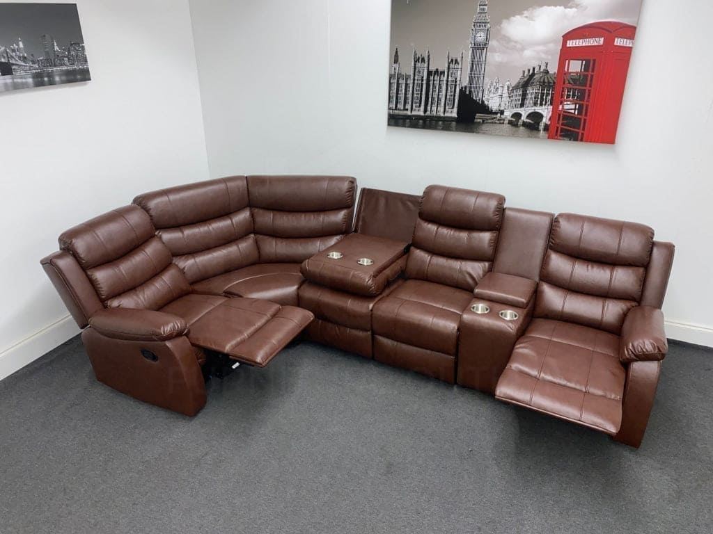 (Special Offer) Brown Leather 'Lando' Reclining Corner Sofa | Reversible & Modular | Drinks Consol | High Backrest | Built To Fit Any Home - Image 9