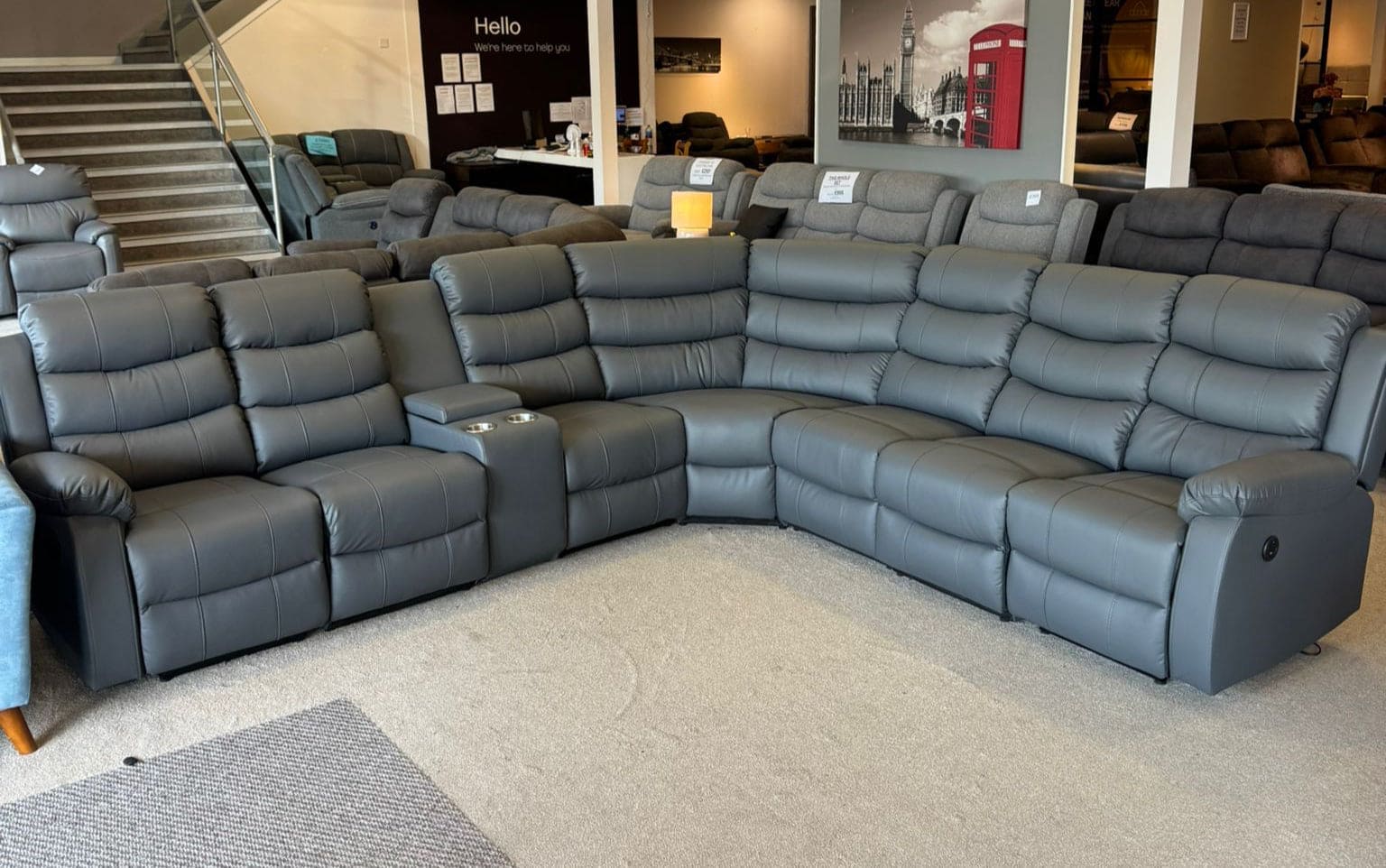 "Lando" Grey Leather 3C3C Recliner Corner Sofa Reversible | Drinks Tray Table | Modular - Image 4
