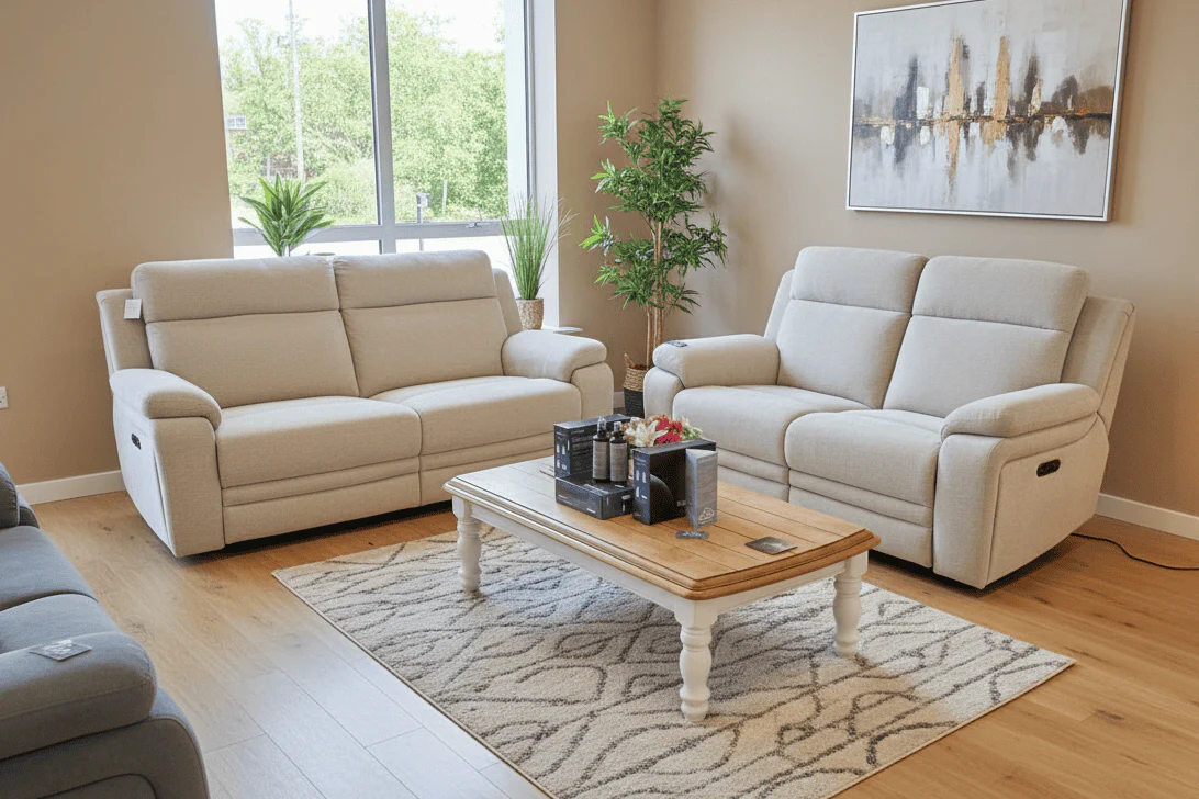 Nixon Clearance Package -  Electric Reclining 3 Seater + 2 Seater Sofa Set in Ivory Fabric With USB Charging Ports