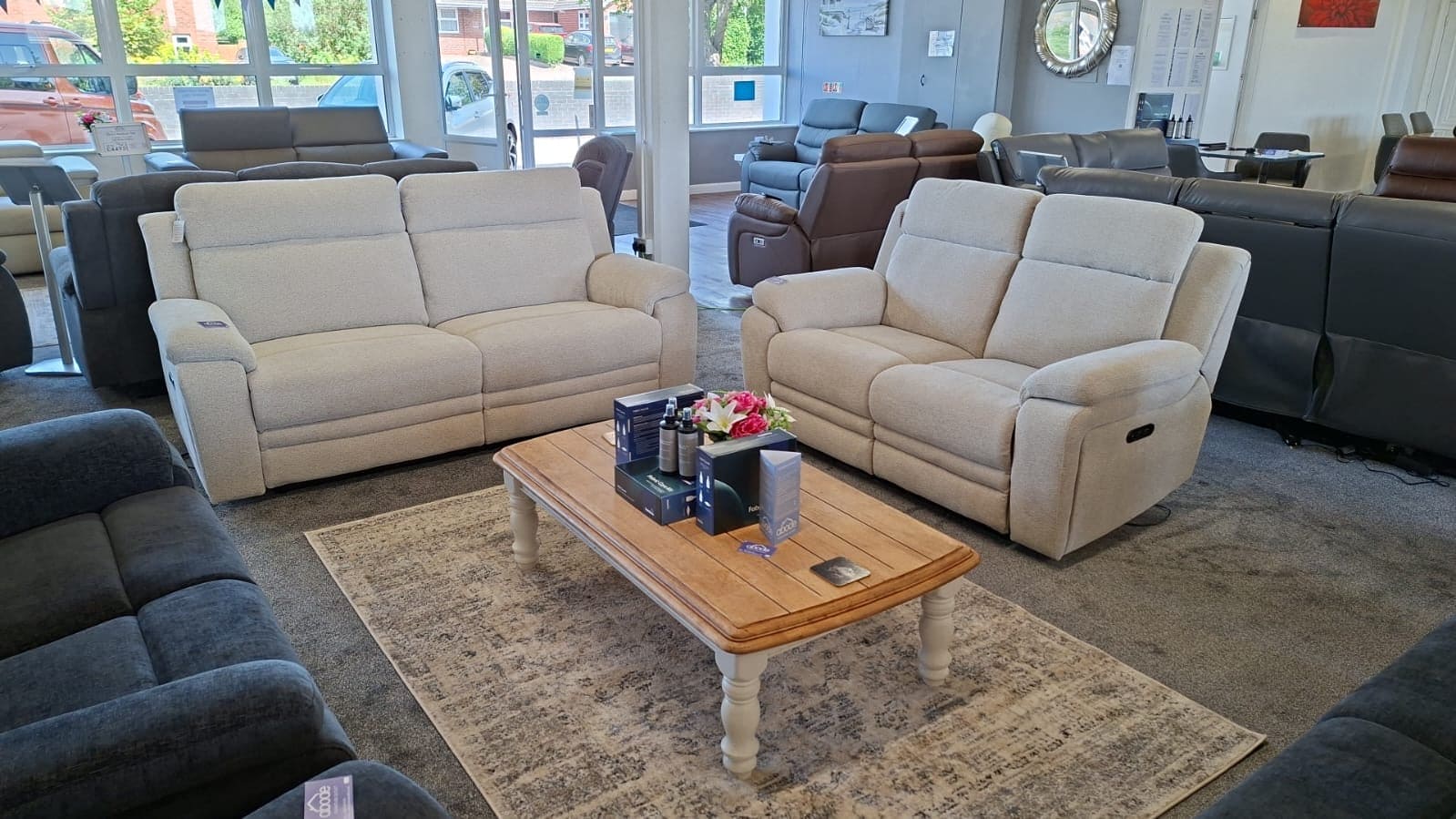 Nixon Clearance Package -  Electric Reclining 3 Seater + 2 Seater Sofa Set in Ivory Fabric With USB Charging Ports - Image 2