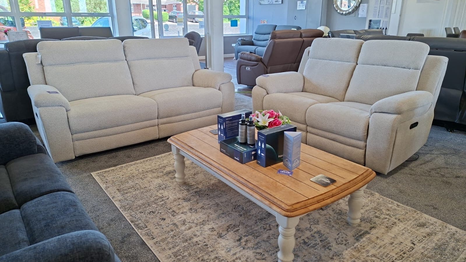 Nixon Clearance Package -  Electric Reclining 3 Seater + 2 Seater Sofa Set in Ivory Fabric With USB Charging Ports - Image 3