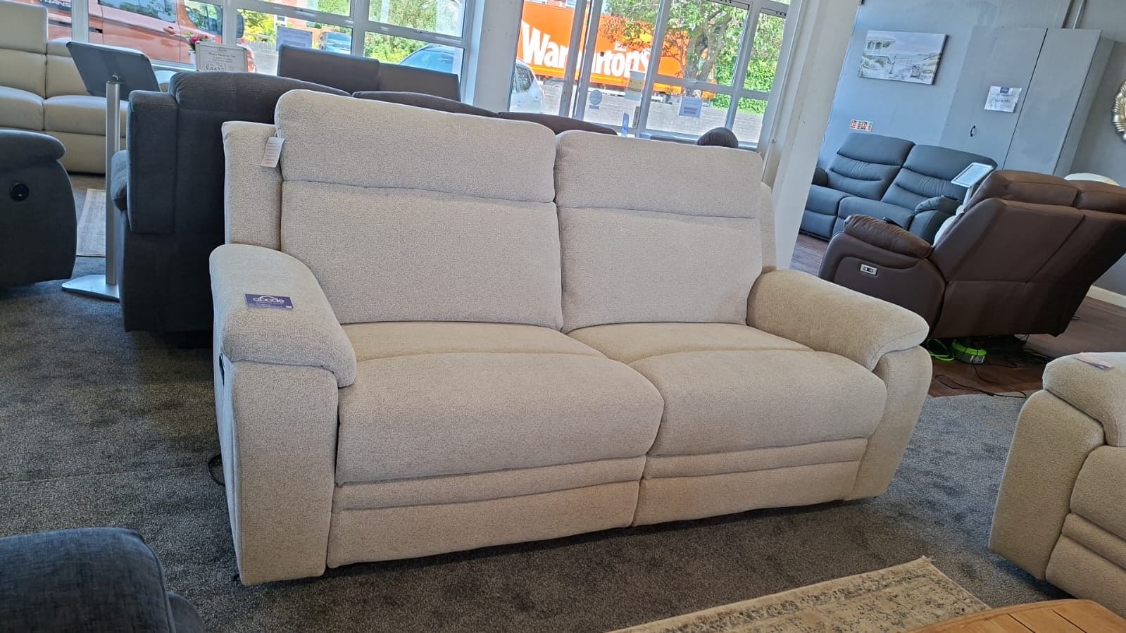 Nixon Clearance Package -  Electric Reclining 3 Seater + 2 Seater Sofa Set in Ivory Fabric With USB Charging Ports - Image 4