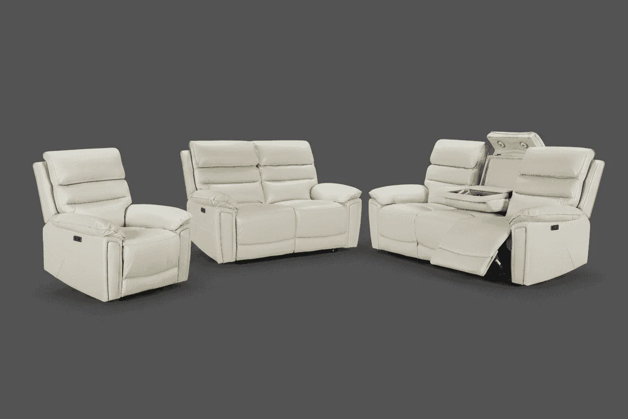 Calisese Ivory Cream Leather Electric Reclining 3 Seater + 2 Seater + Armchair Sofa Set With USB Charging Ports & Drop Down Tray Table