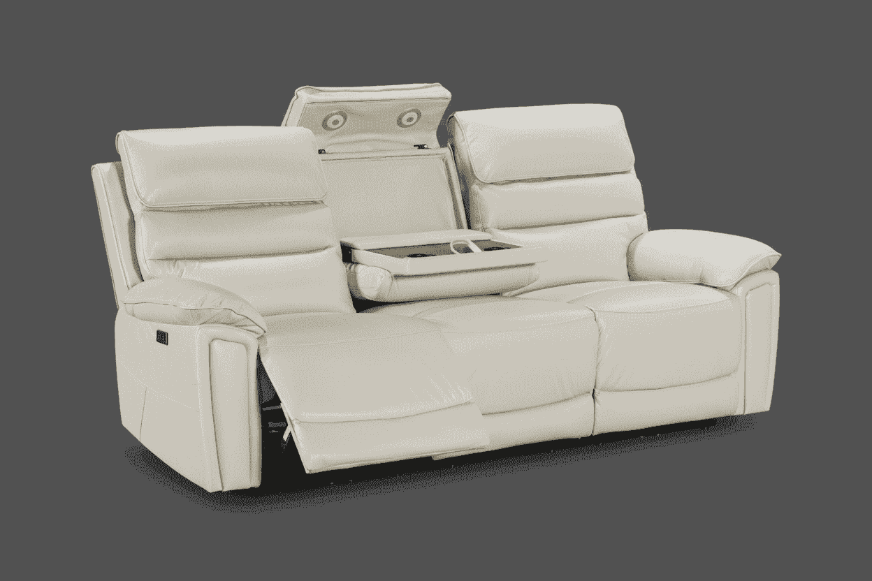 Calisese Ivory Cream Leather Electric Reclining 3 Seater + 2 Seater + Armchair Sofa Set With USB Charging Ports & Drop Down Tray Table - Image 7
