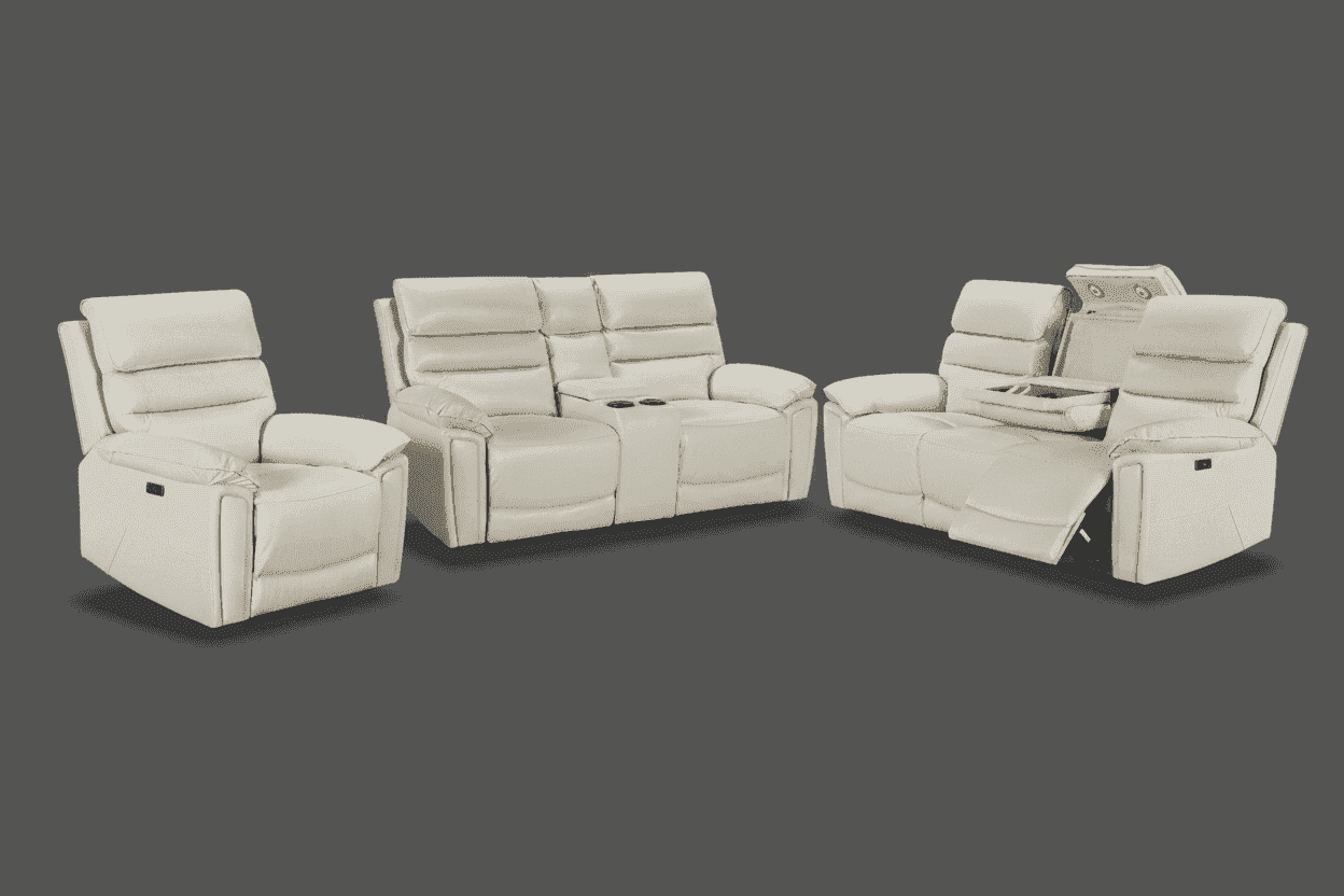 Calisese Ivory Cream Leather Electric Reclining Sofa Range Suite Set With USB Charging Ports & Drop Down Tray Table - Image 12