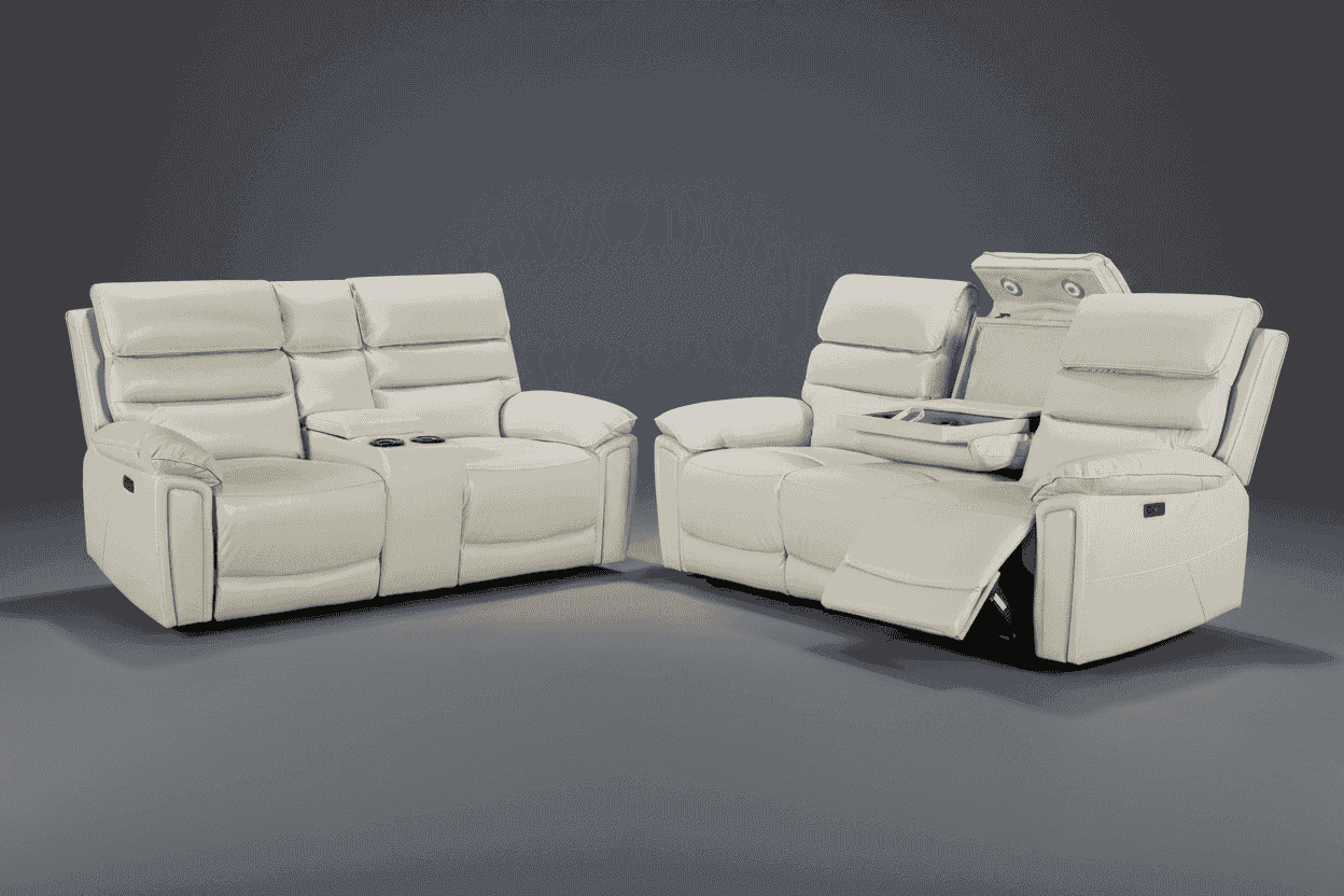 Calisese Ivory Cream Leather Electric Reclining Sofa Range Suite Set With USB Charging Ports & Drop Down Tray Table