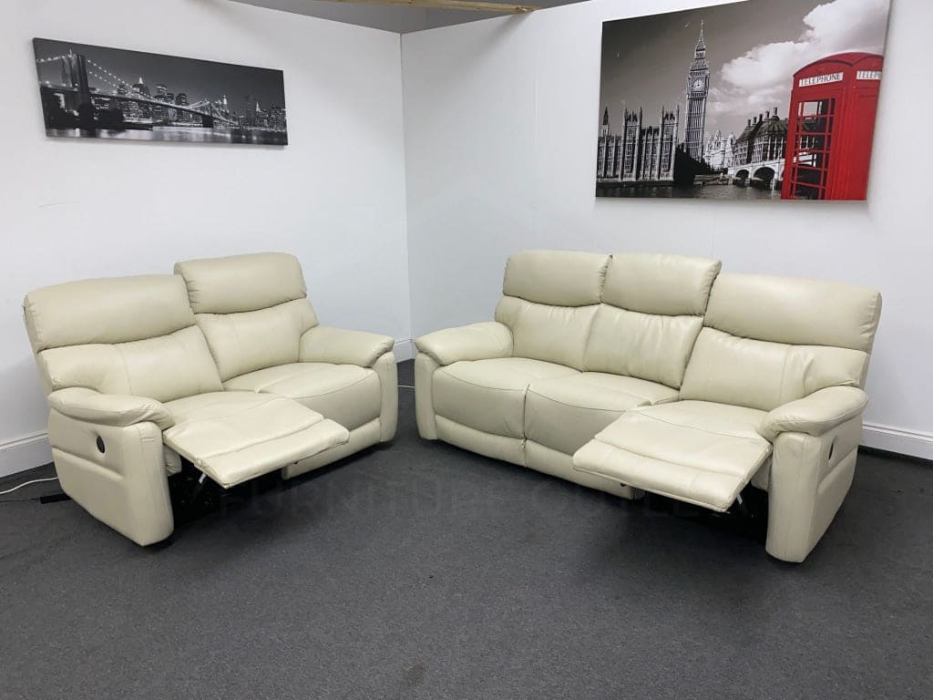 Ivory Cream Milano Leather Electric Reclining Sofa Range | This Suite Comes With USB Charging Ports & Fold Down Drinks Tray Table | Couch |