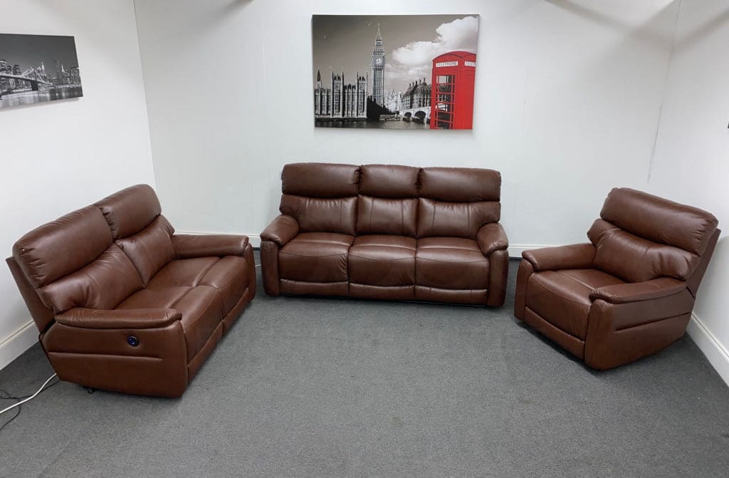 Milano Brown Leather Electric / Power Reclining Sofa Range Suite Set With USB Charging Ports | Couch |
