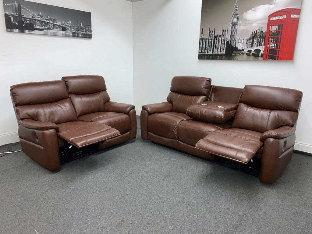 Milano Brown Leather Electric / Power Reclining Sofa Range Suite Set With USB Charging Ports | Couch | - Image 2