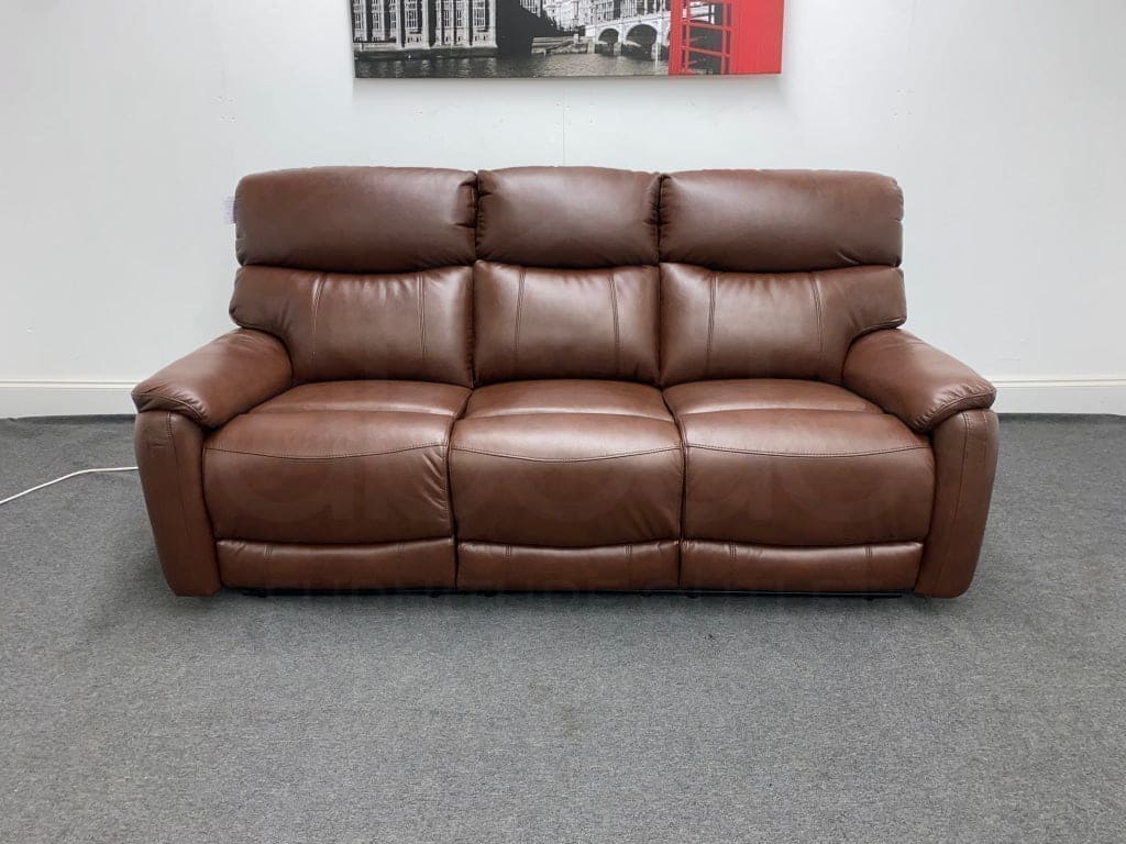 Milano Brown Leather Electric Reclining 3 Seater Sofa + USB Ports & Drop Down Tray Table | Couch | - Image 3