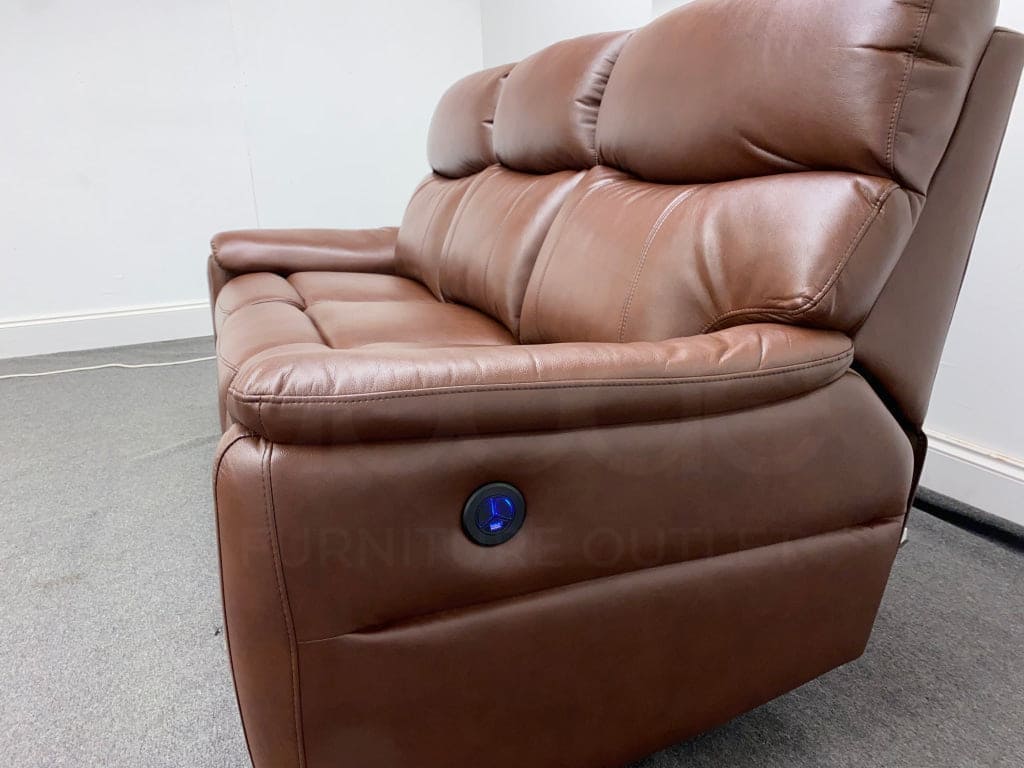 Milano Brown Leather Electric Reclining 3 Seater Sofa + USB Ports & Drop Down Tray Table | Couch | - Image 6