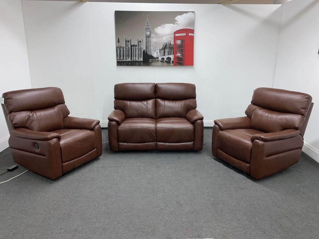 Milano Brown Leather Electric Reclining 2 + 1 + 1 Seater Sofa Suite Set + USB Ports | Couch | - Image 2