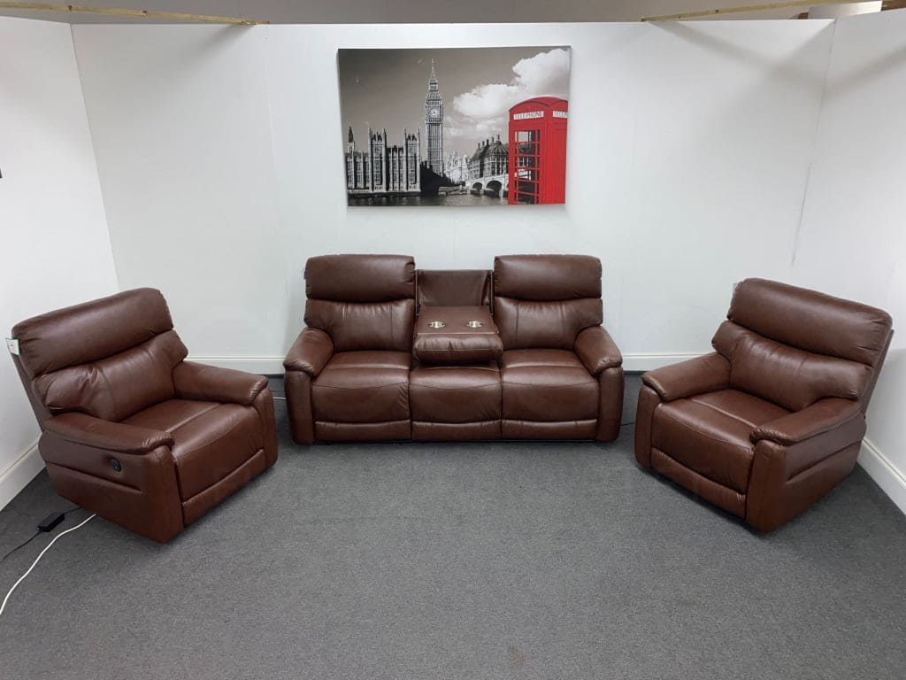 Milano Brown Leather Electric Reclining 3 + 1 + 1 Seater Sofa Suite Set + USB Ports & Drinks Tray Table | Couch | - Image 11