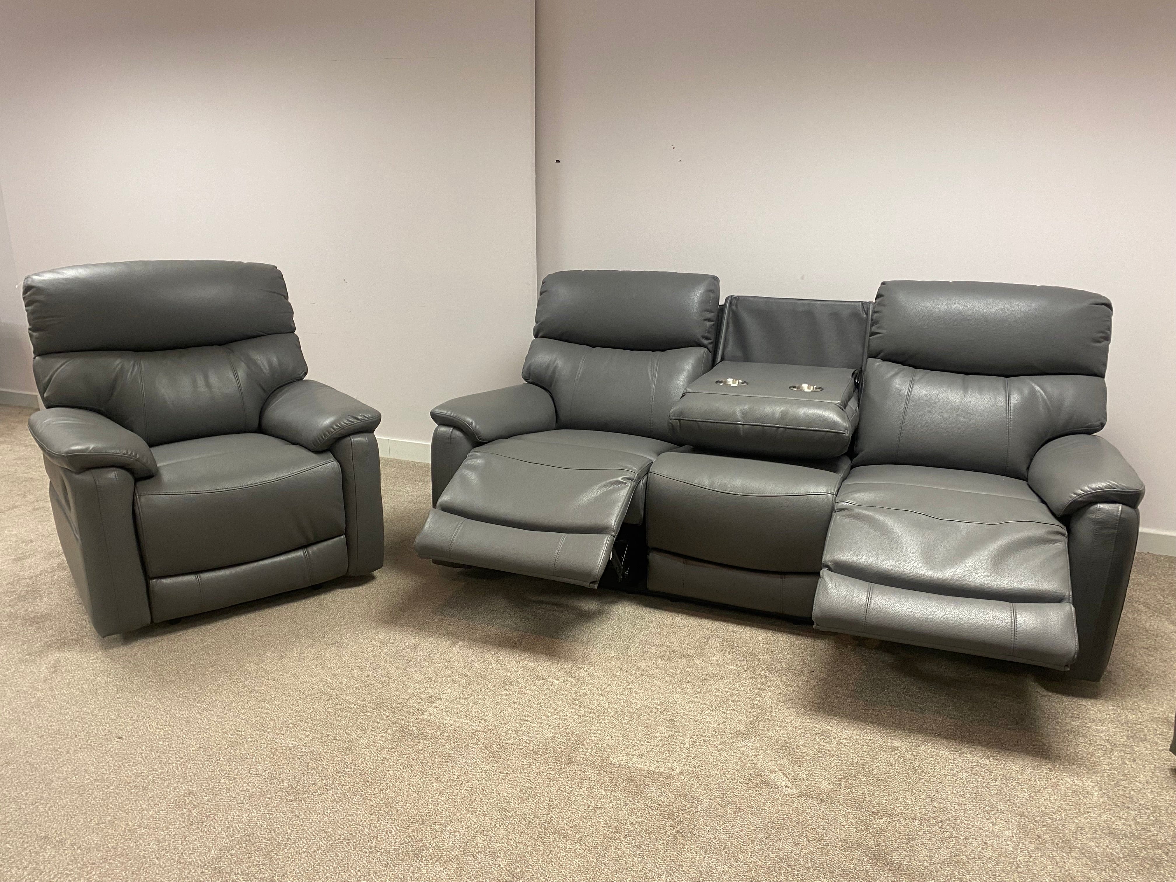 MILANO Grey Leather Electric Reclining 3 + 1 Seater Sofa Suite Set + USB Ports | Couch | - Image 4