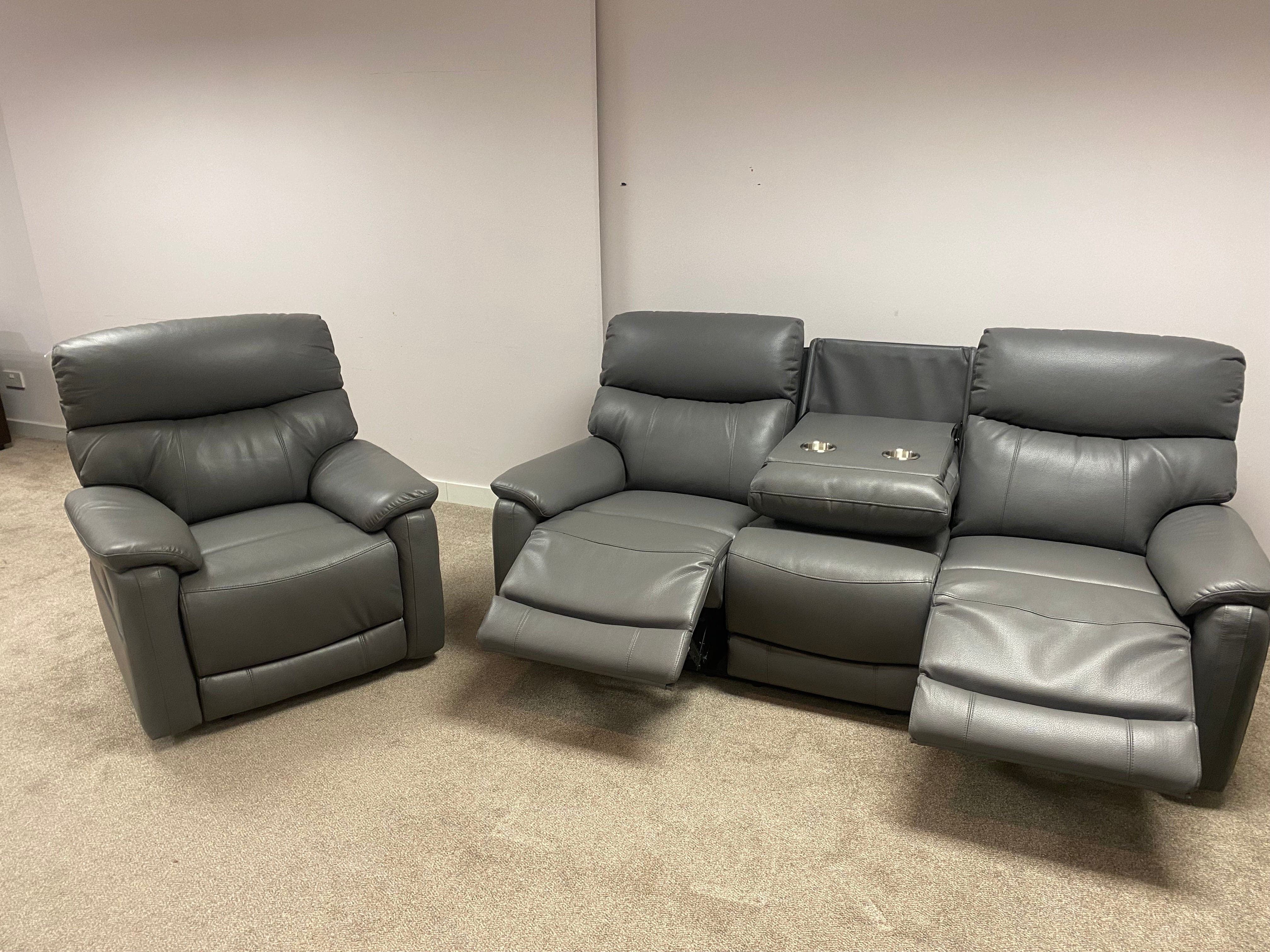 MILANO Grey Leather Electric Reclining 3 + 1 Seater Sofa Suite Set + USB Ports | Couch | - Image 7