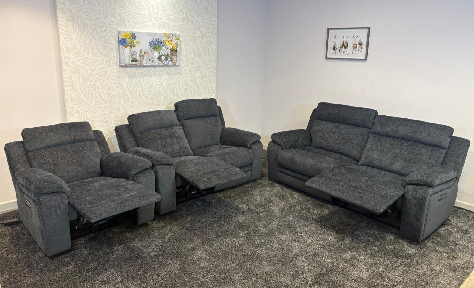 "Barre" Electric / Power Reclining Grey Fabric Sofa Set - USB Charging Ports