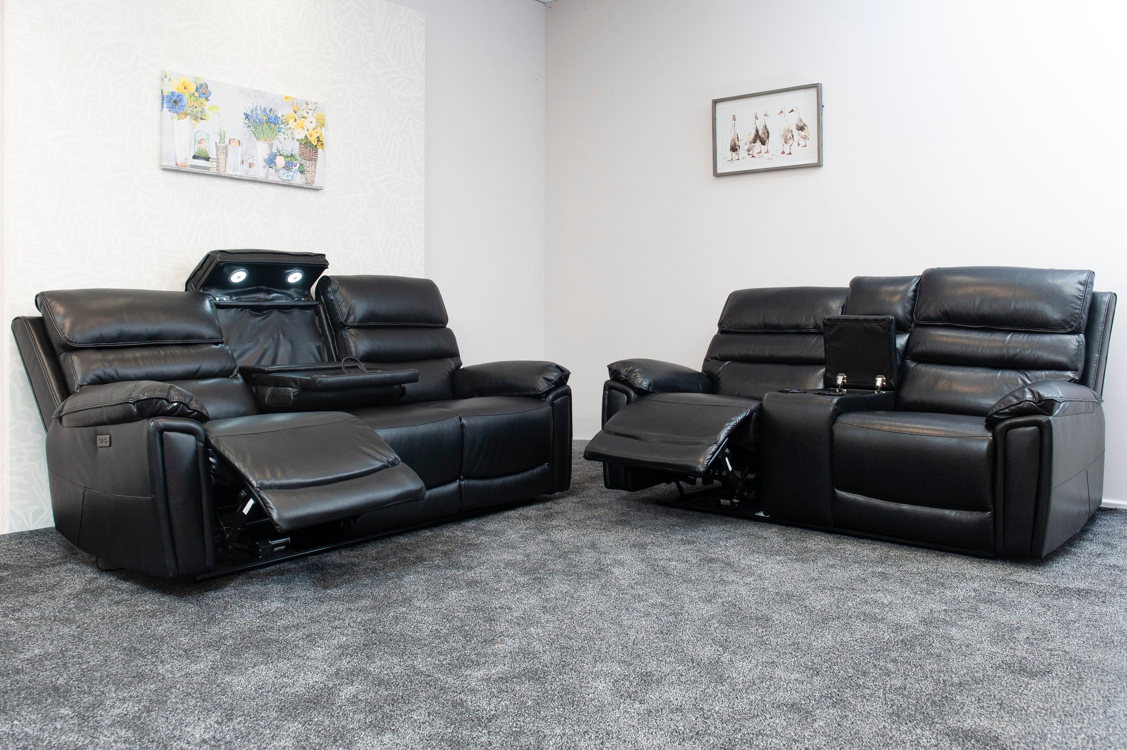 Donald Black Leather Electric / Power Reclining Sofa Range Suite Set With USB Charging Ports & Drop Down Tray Table - Image 2