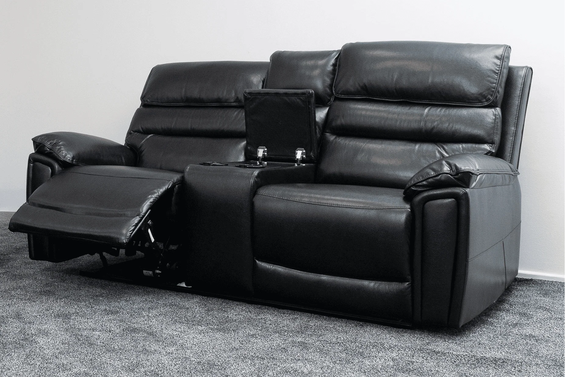 Donald Black Leather Bundle - Electric / Power Reclining 3 Seater + 2 Seater Sofa Set With USB Charging Ports, Drinks Coolers & Drop Down Tray Table - Image 22