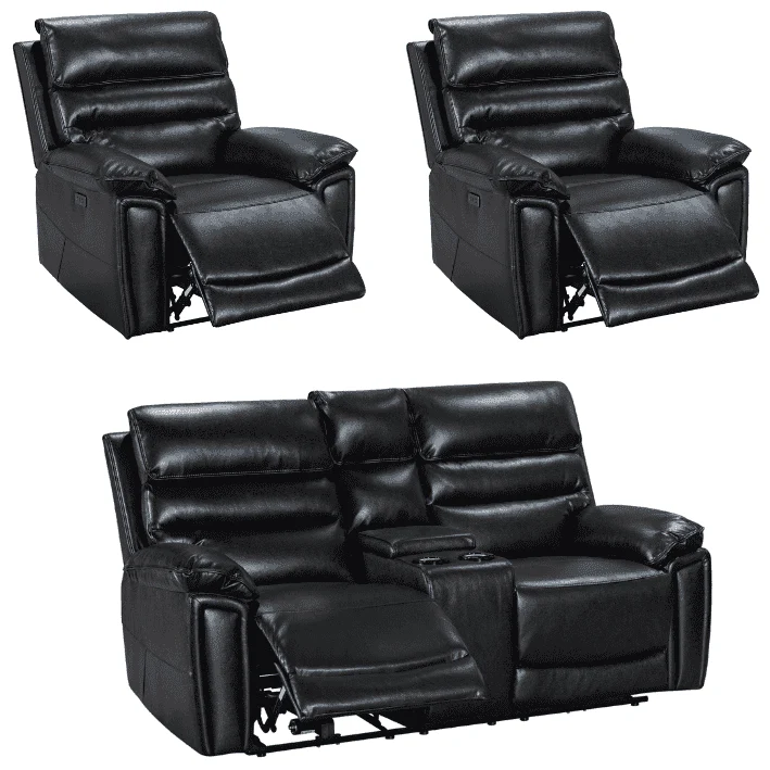 Donald Black Leather Electric / Power Reclining Sofa Range Suite Set With USB Charging Ports & Drop Down Tray Table - Image 21