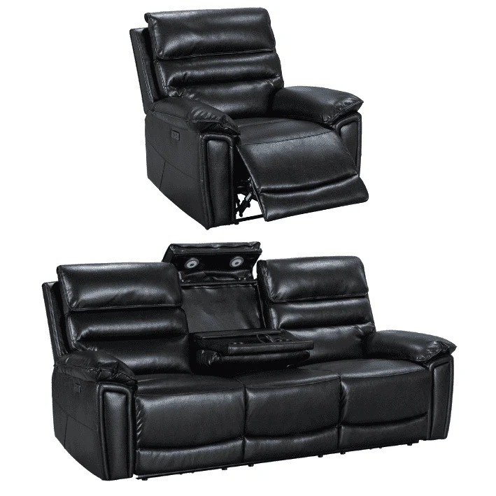 Donald Black Leather Electric / Power Reclining Sofa Range Suite Set With USB Charging Ports & Drop Down Tray Table - Image 22