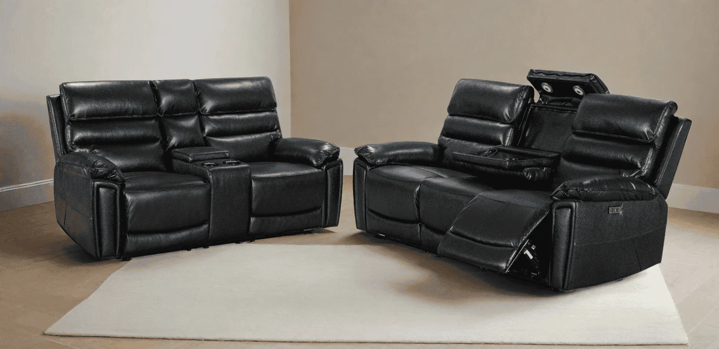 Donald Black Leather Electric / Power Reclining Sofa Range Suite Set With USB Charging Ports & Drop Down Tray Table - Image 33