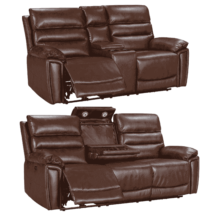 Donald Brown Leather Electric / Power Reclining Sofa Range Suite Set With USB Charging Ports & Drop Down Tray Table - Image 3