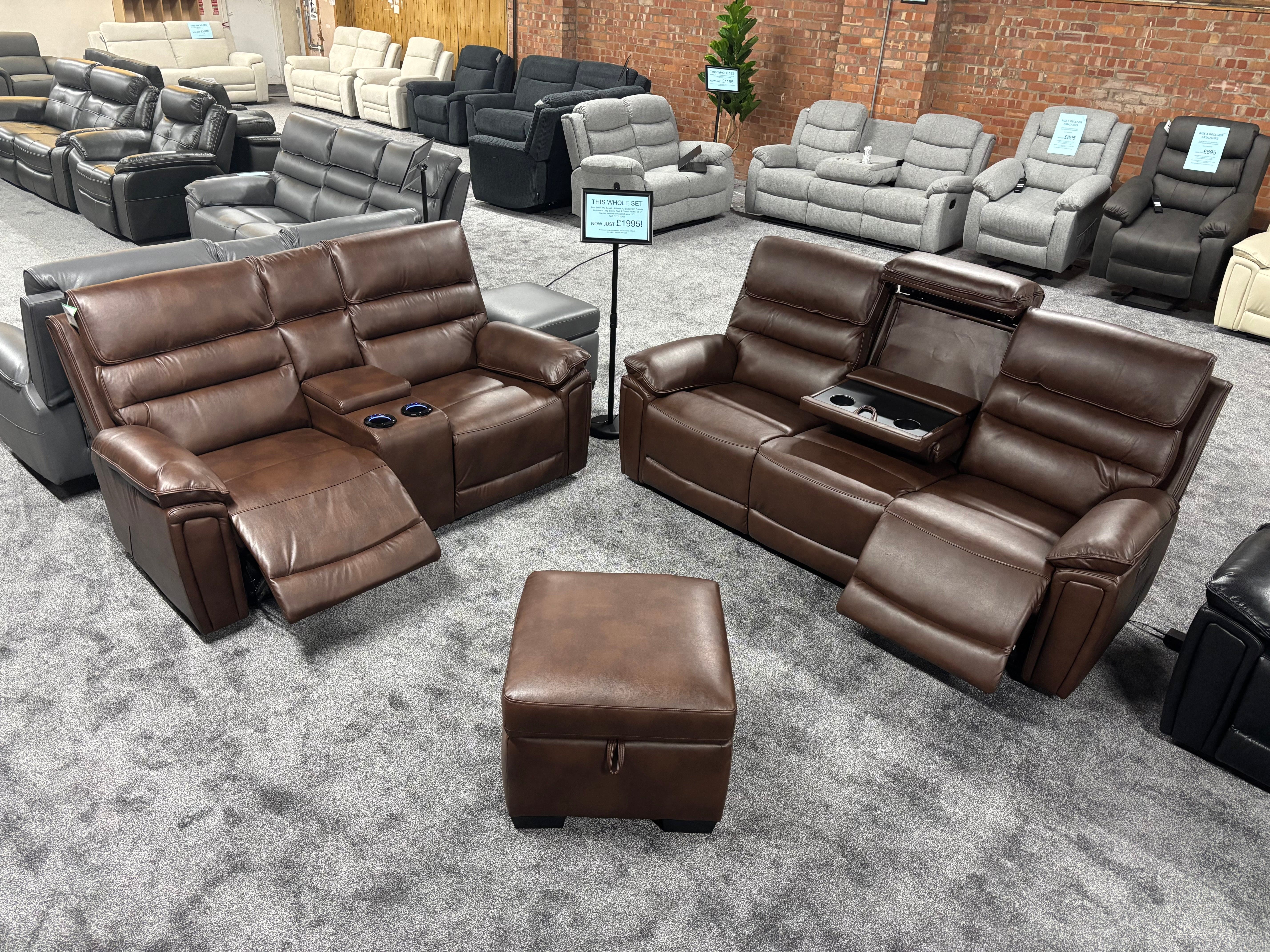 Donald Brown Leather Electric / Power Reclining 3 Seater + 2 Seater + Storage Footstool Sofa Set With USB Charging Ports & Drop Down Tray Table - Image 3