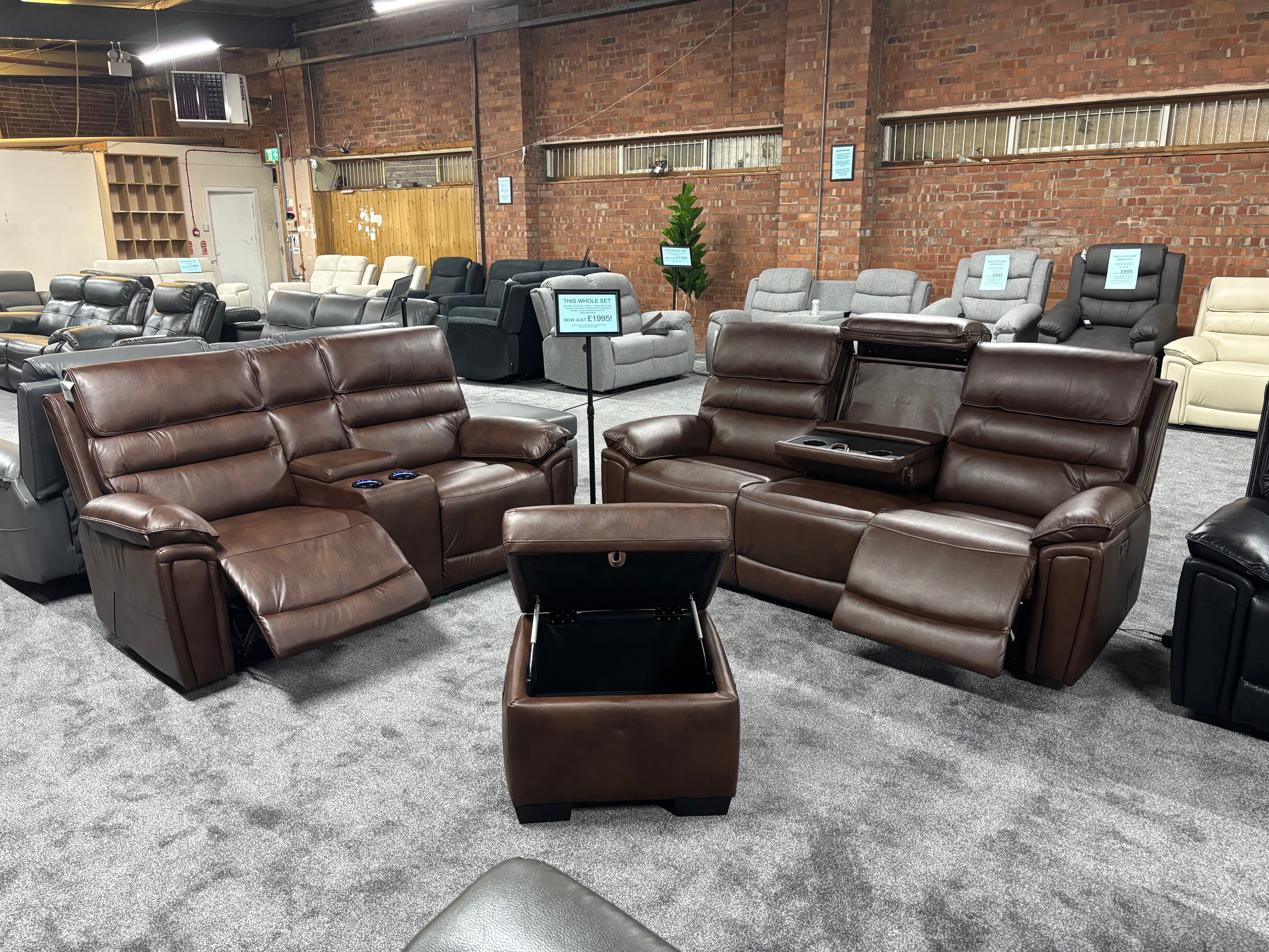 Donald Brown Leather Electric / Power Reclining 3 Seater + 2 Seater + Storage Footstool Sofa Set With USB Charging Ports & Drop Down Tray Table - Image 4