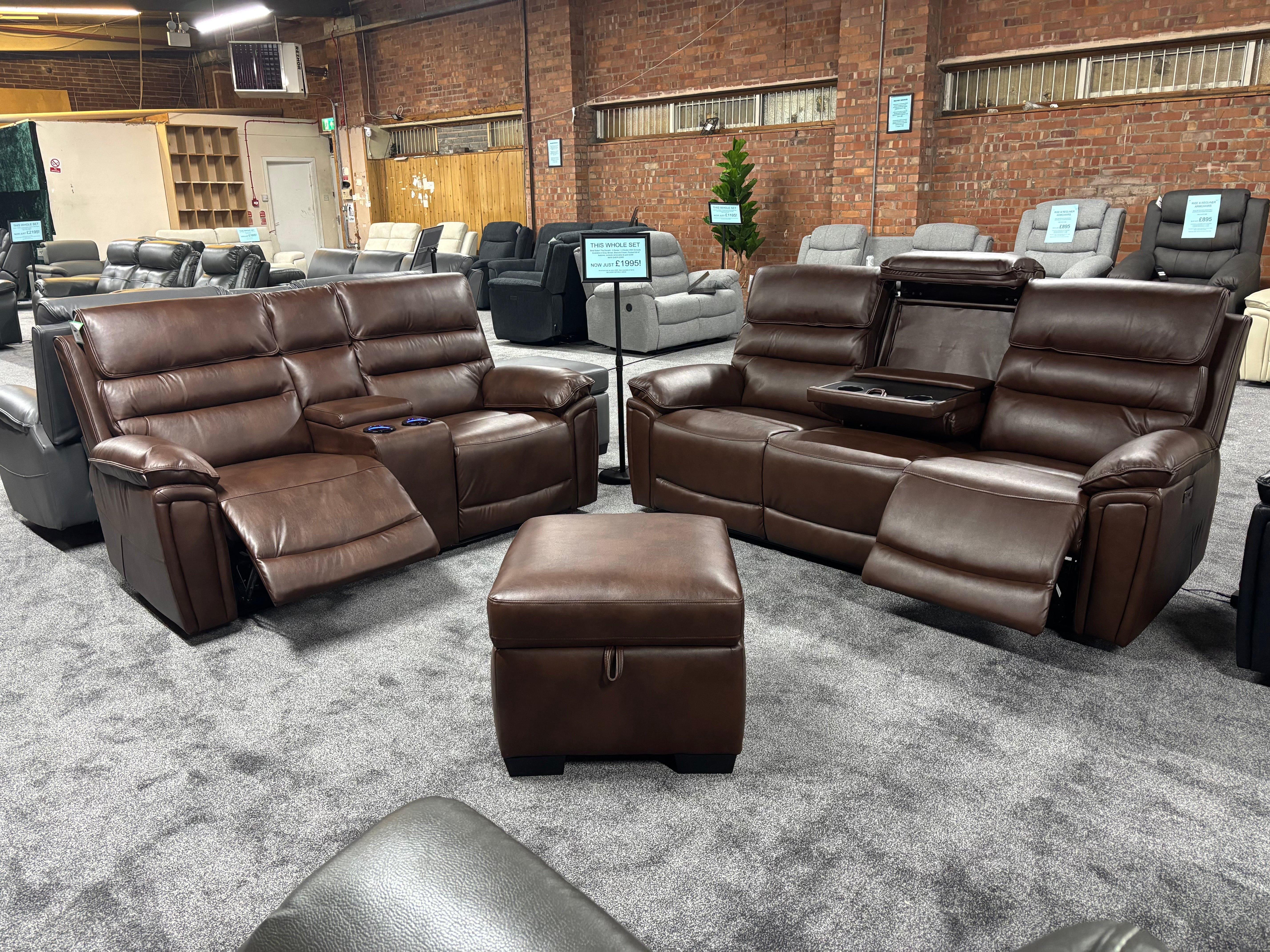 Donald Brown Leather Electric / Power Reclining 3 Seater + 2 Seater + Storage Footstool Sofa Set With USB Charging Ports & Drop Down Tray Table - Image 5