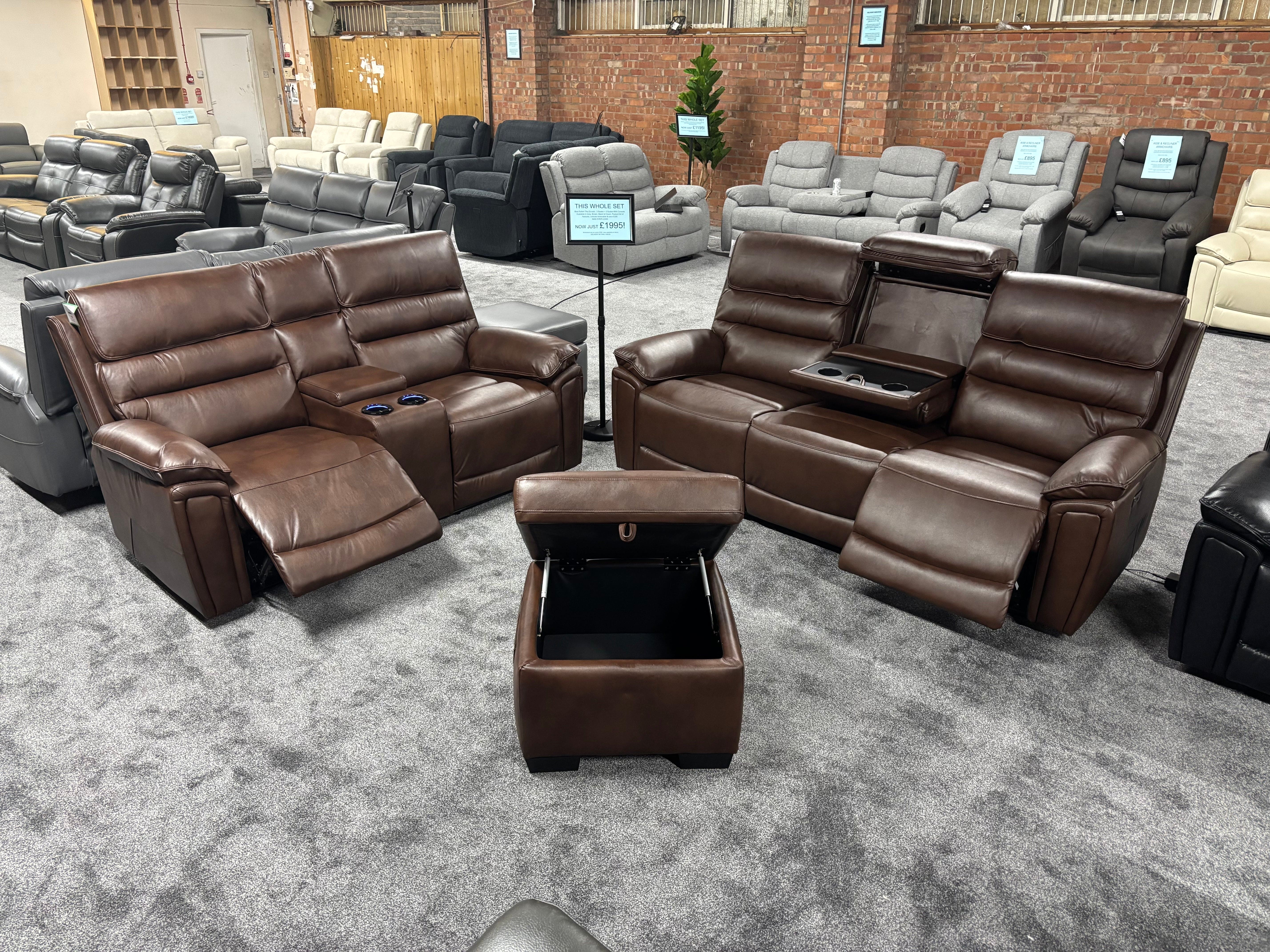 Donald Brown Leather Electric / Power Reclining 3 Seater + 2 Seater + Storage Footstool Sofa Set With USB Charging Ports & Drop Down Tray Table - Image 6