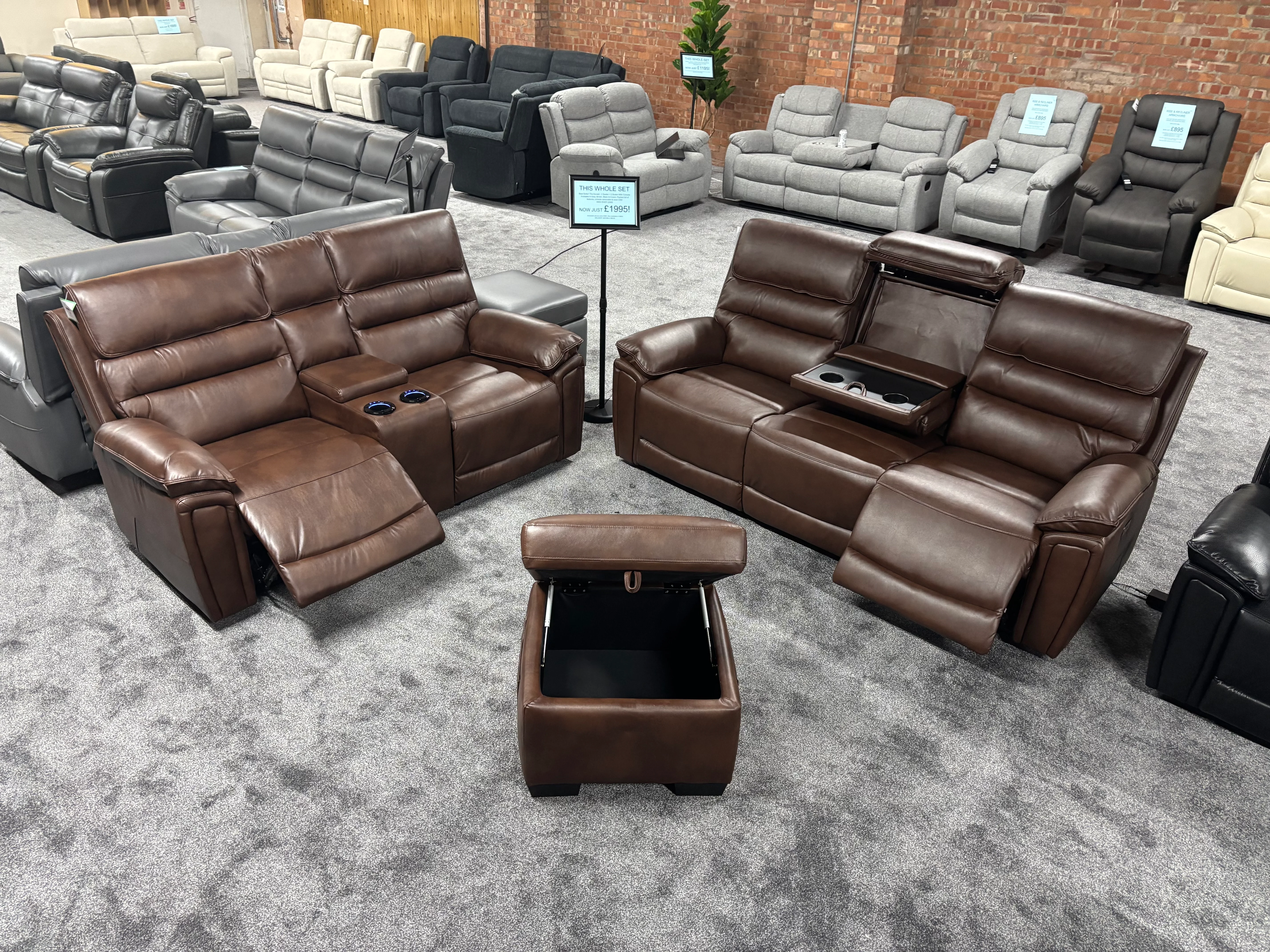 Donald Brown Leather Electric / Power Reclining 3 Seater + 2 Seater + Storage Footstool Sofa Set With USB Charging Ports & Drop Down Tray Table - Image 7