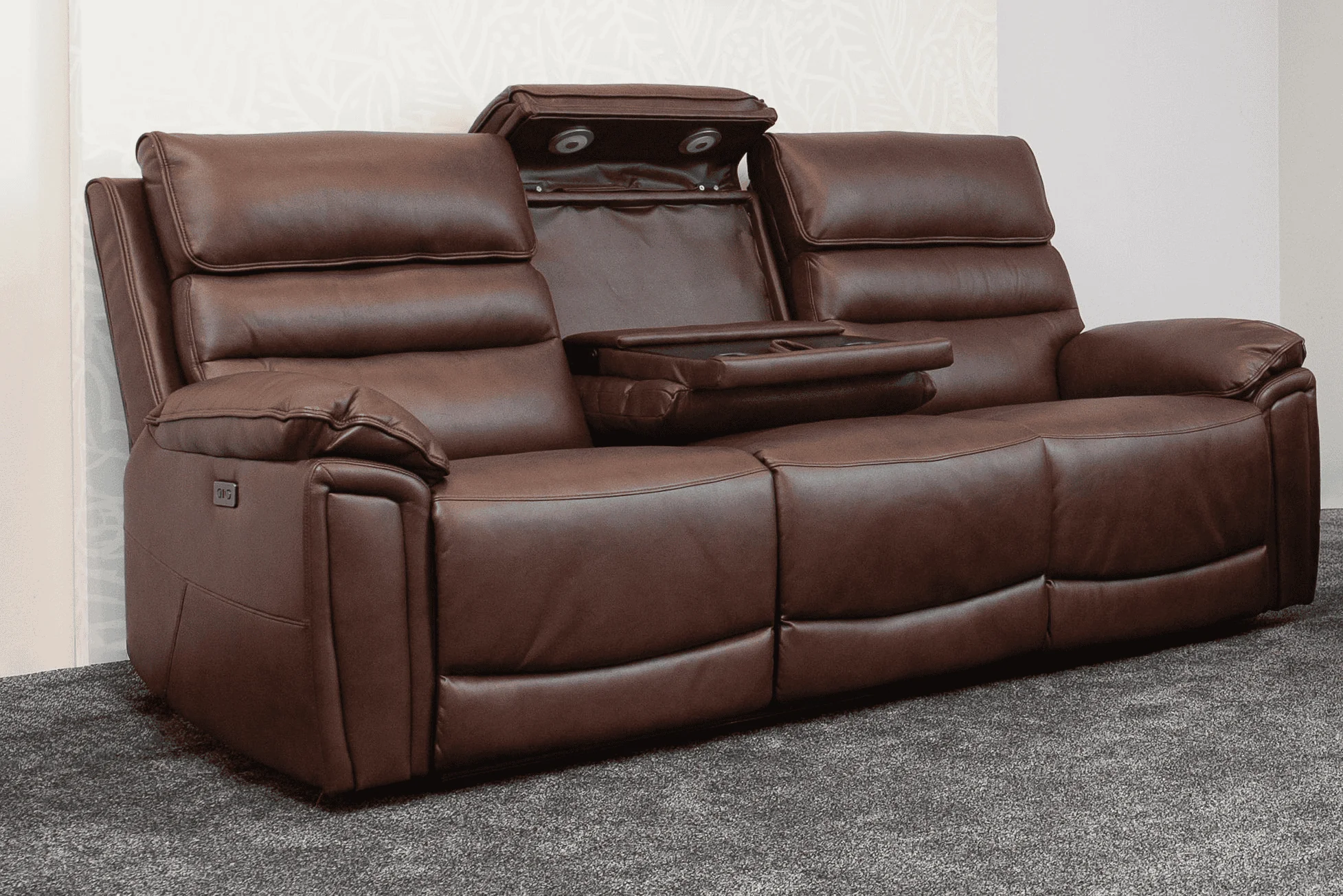 Donald Brown Leather Electric / Power Reclining 3 Seater Sofa With USB Charging Ports & Drop Down Tray Table - Image 2