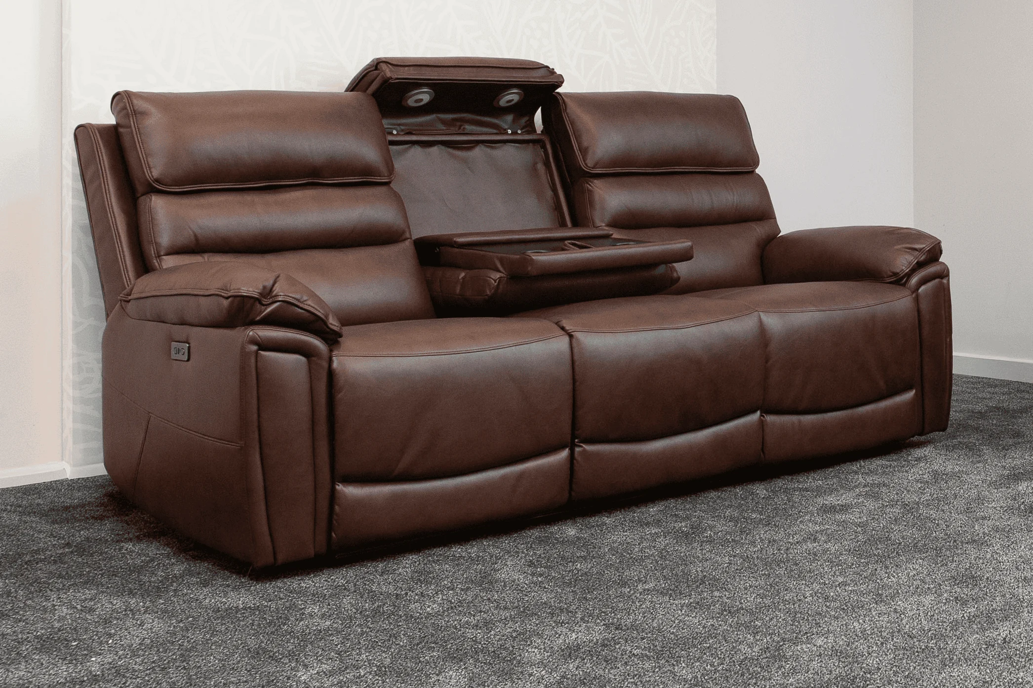 Donald Brown Leather Electric / Power Reclining 3 Seater Sofa With USB Charging Ports & Drop Down Tray Table - Image 4