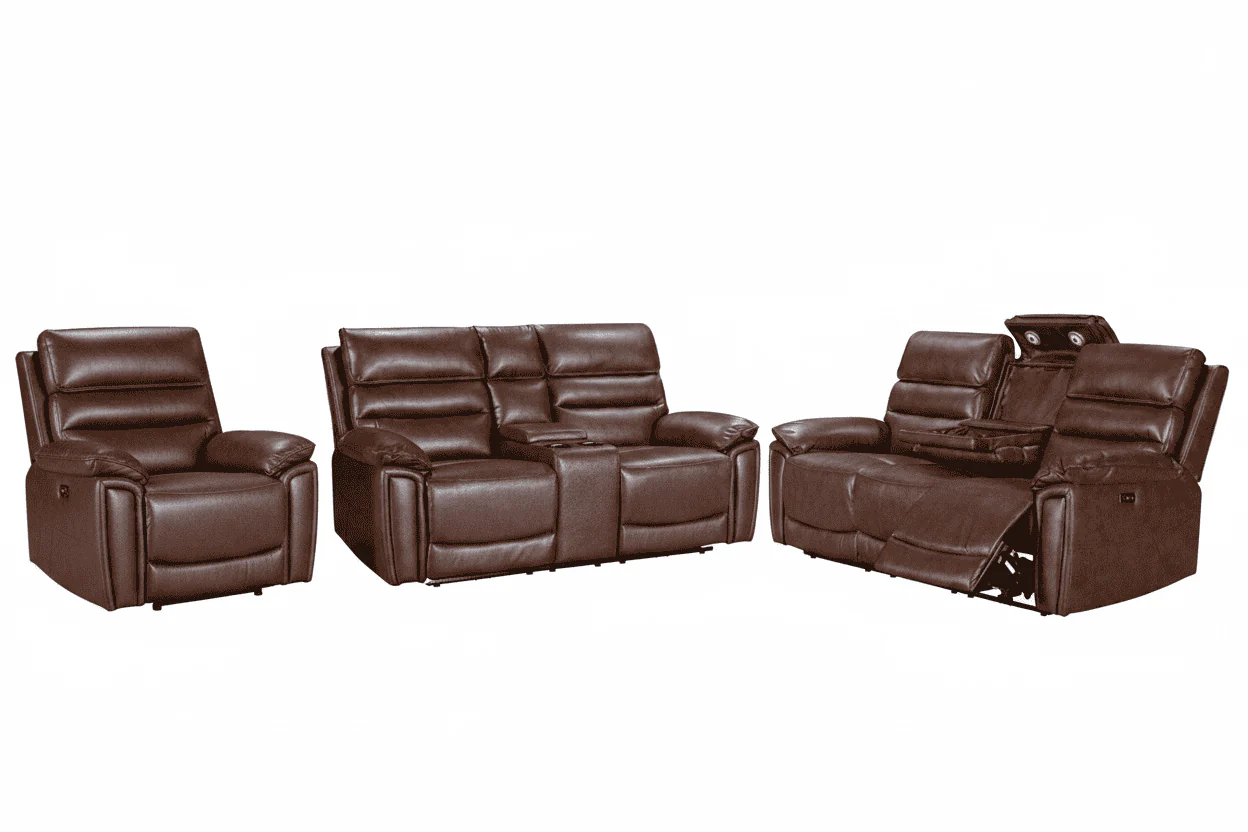 Donald Brown Leather Electric / Power Reclining Sofa Range Suite Set With USB Charging Ports & Drop Down Tray Table - Image 45