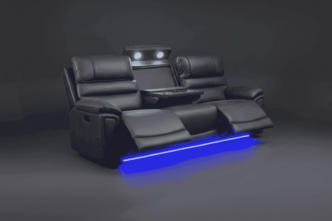 (Pre Order Now, Stock Arrives 15th August) Donald Cinema Sofas | Drinks Coolers | Wireless Charging | Bluetooth Speakers | Power Adjustable Headrests | Express Smart Tech Grey Fabric Power Recliner Sofa Range | Couch | - Image 3