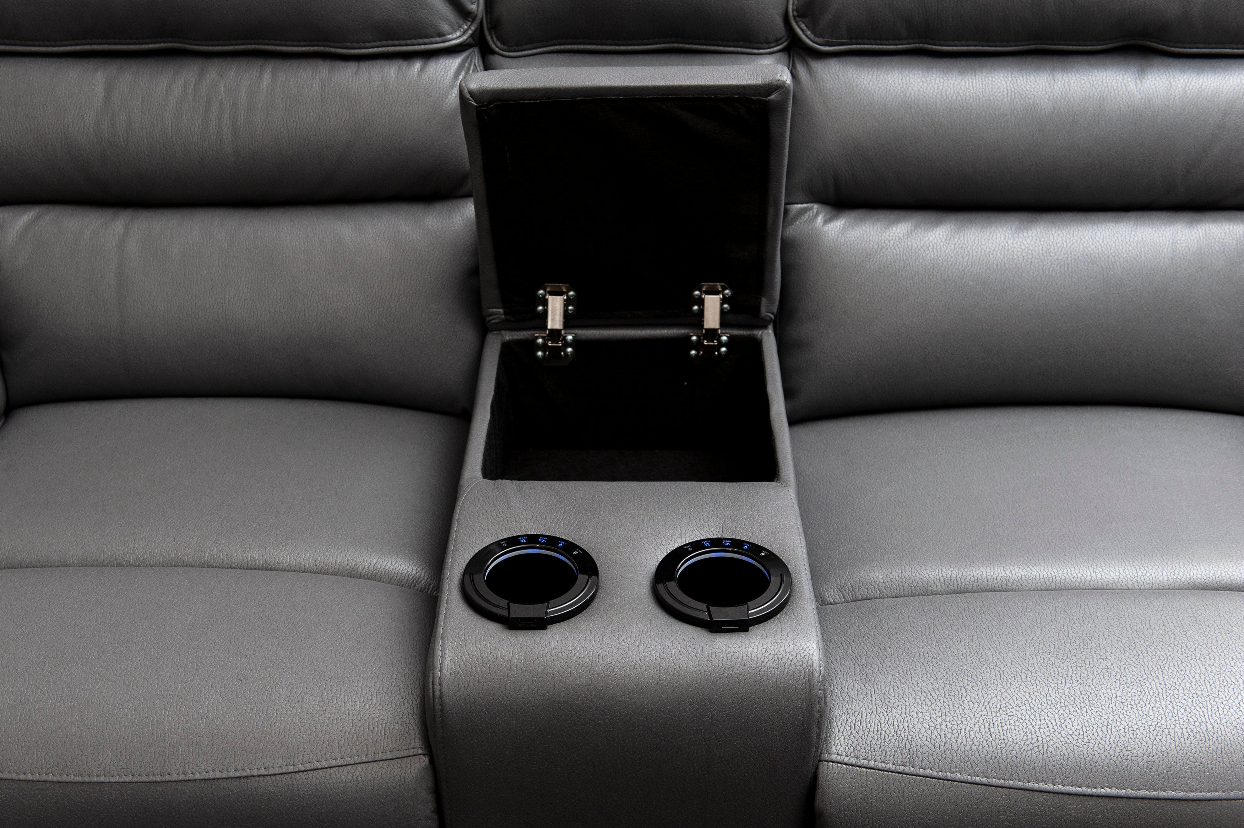 Donald Grey Leather Electric / Power Reclining 2 Seater Sofa With Drinks Coolers USB Charging Ports & Drop Down Tray Table - Image 11