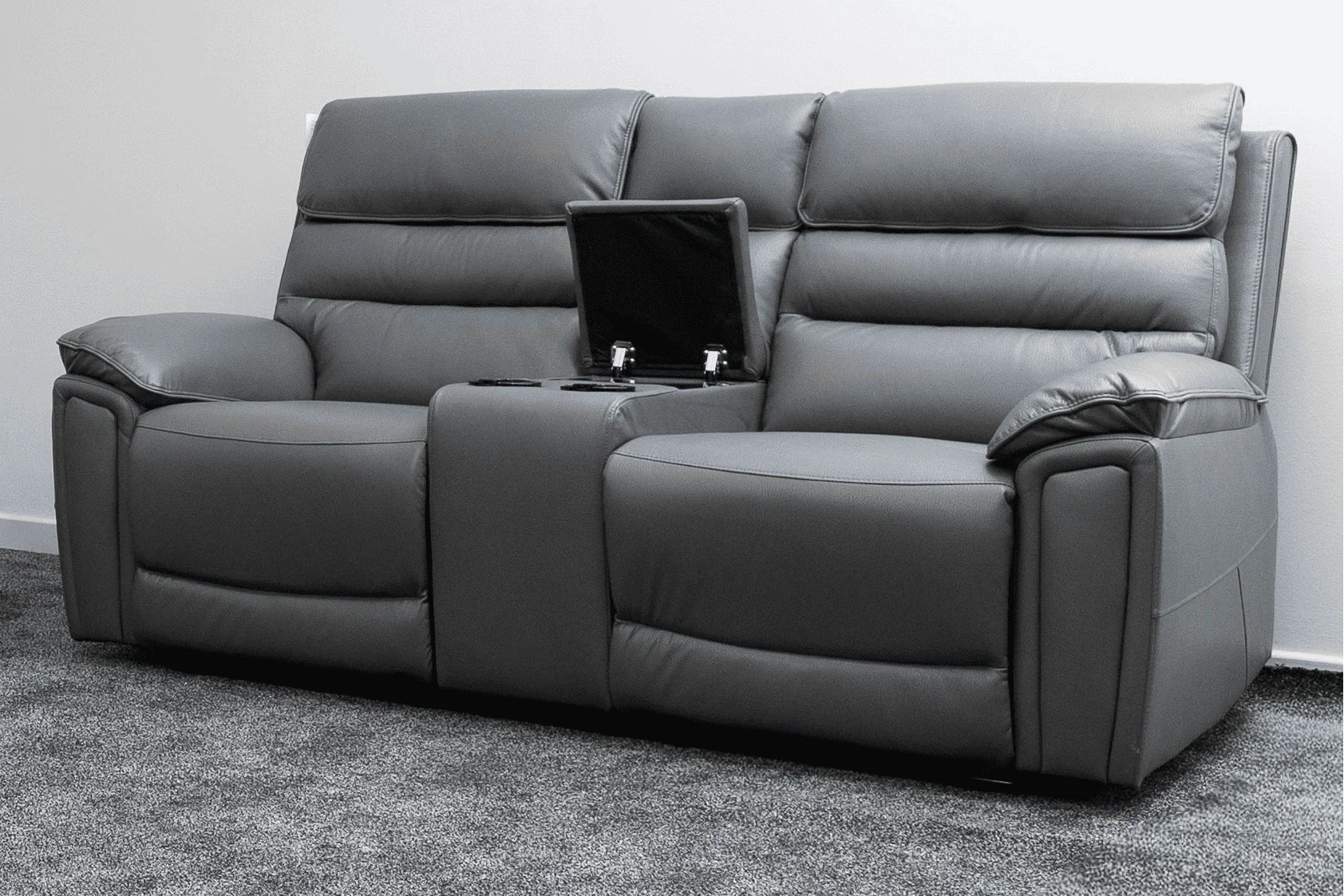 Donald Grey Leather Electric / Power Reclining 2 Seater Sofa With Drinks Coolers USB Charging Ports & Drop Down Tray Table - Image 2