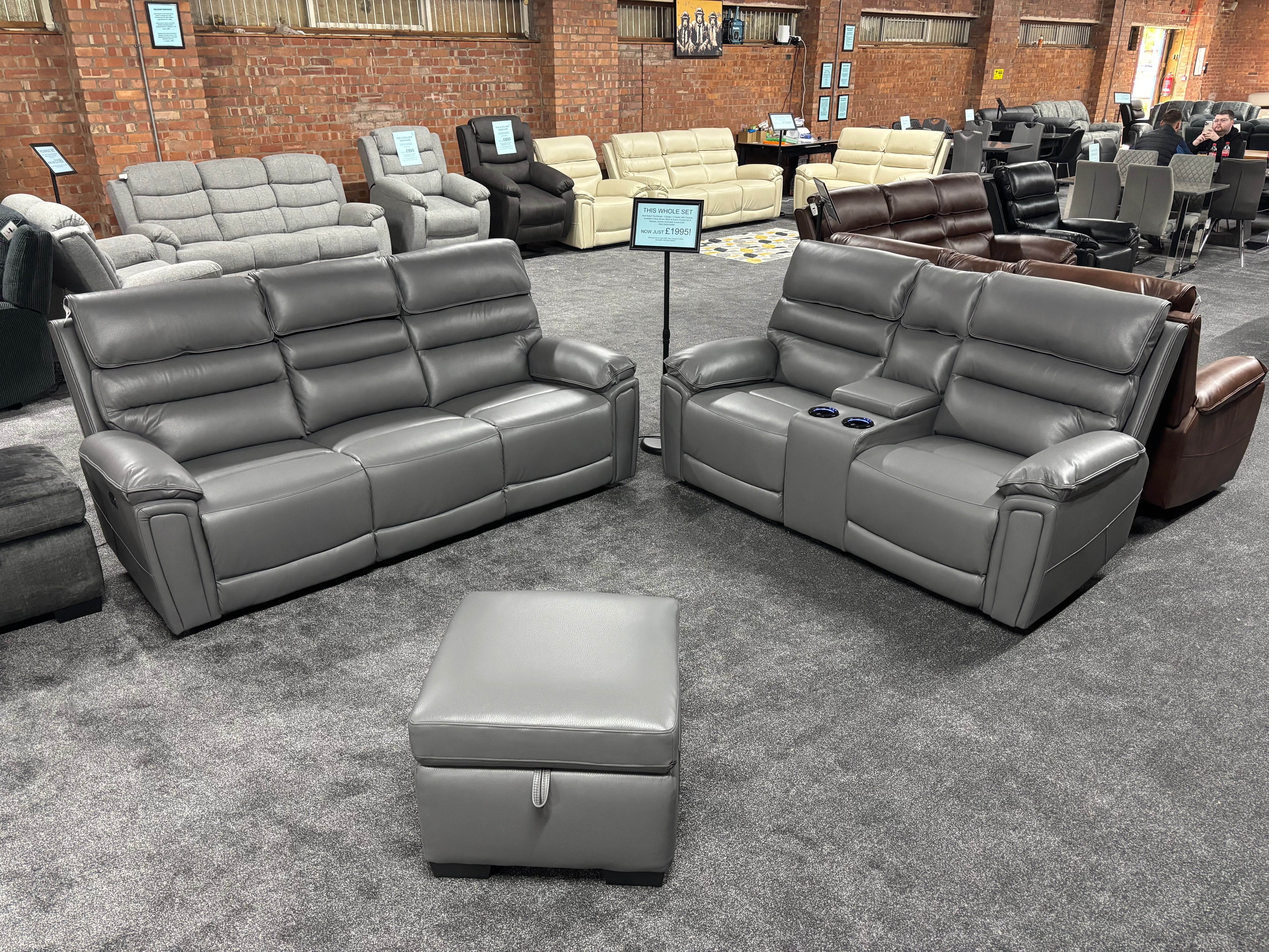 Donald Grey Leather Electric / Power Reclining 3 Seater + 2 Seater + Storage Footstool Sofa Suite Set With Drinks Coolers USB Charging Ports & Drop Down Tray Table - Image 2